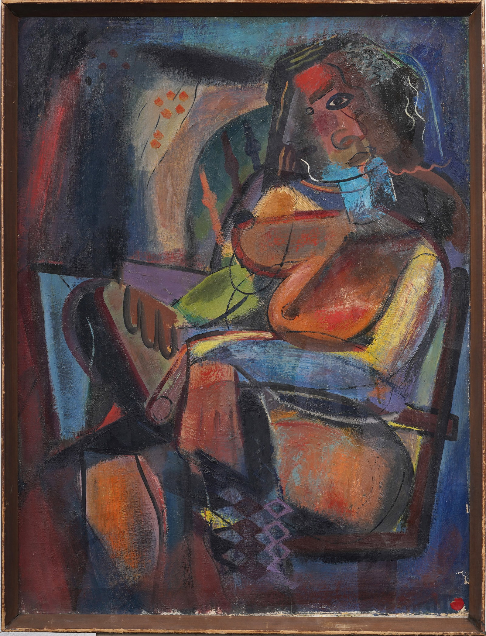 Large Vintage Signed American School Cubist Portrait Modernist Framed Original Oil Painting: Vintage oil painting. Measuring: 26 by 33 inches overall. Please see all images for condition. Size is measured and written on the back of the painting or next to each object. For detailed condition q