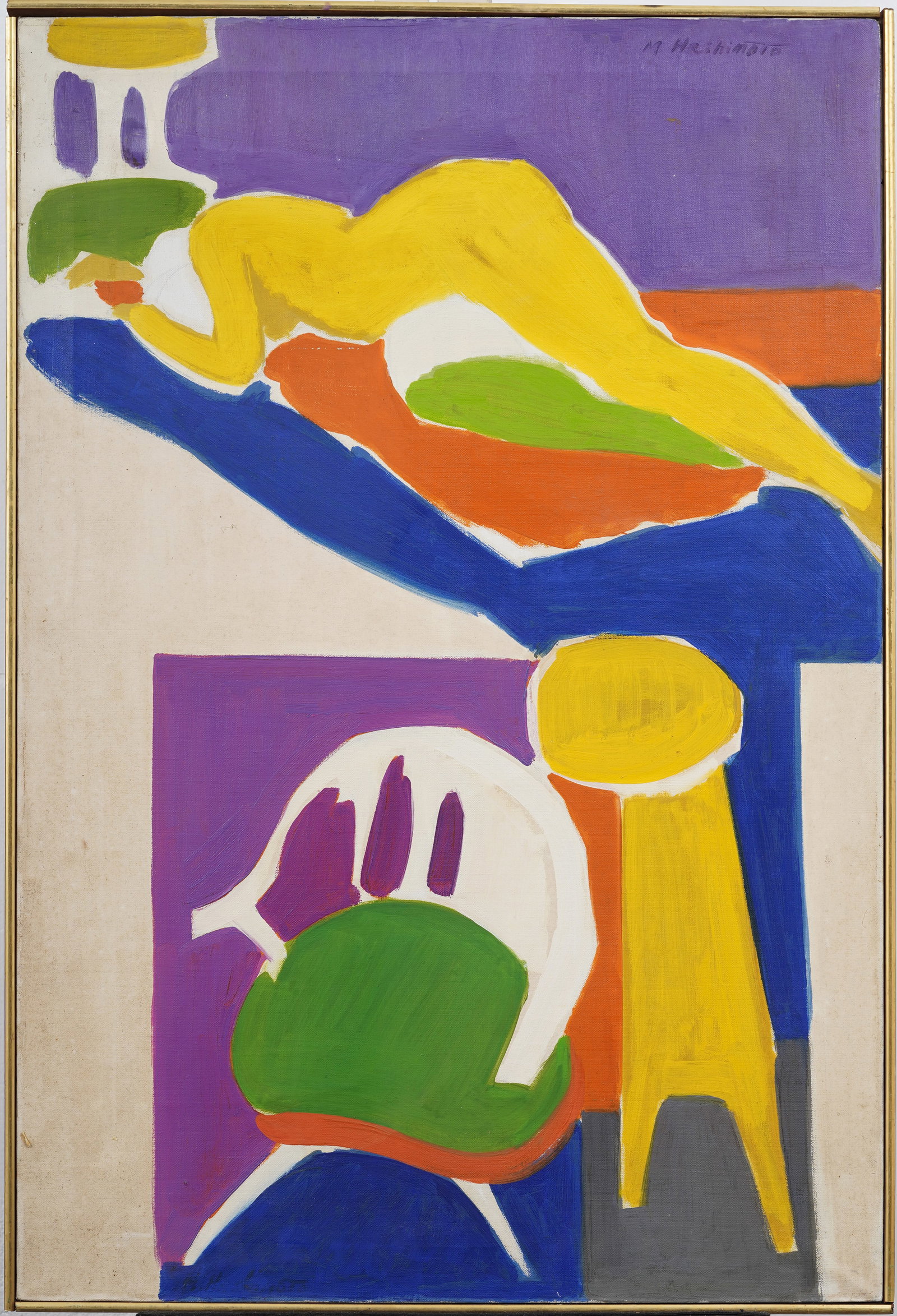 Signed Vintage American Modernist Fauvist Nude Woman Interior Scene Portrait Original Oil Painting: Vintage oil painting. Measuring: 25 by 37 inches overall, and 24 by 36 artwork alone. Please see all images for condition. Size is measured and written on the back of the painting or next to each obje