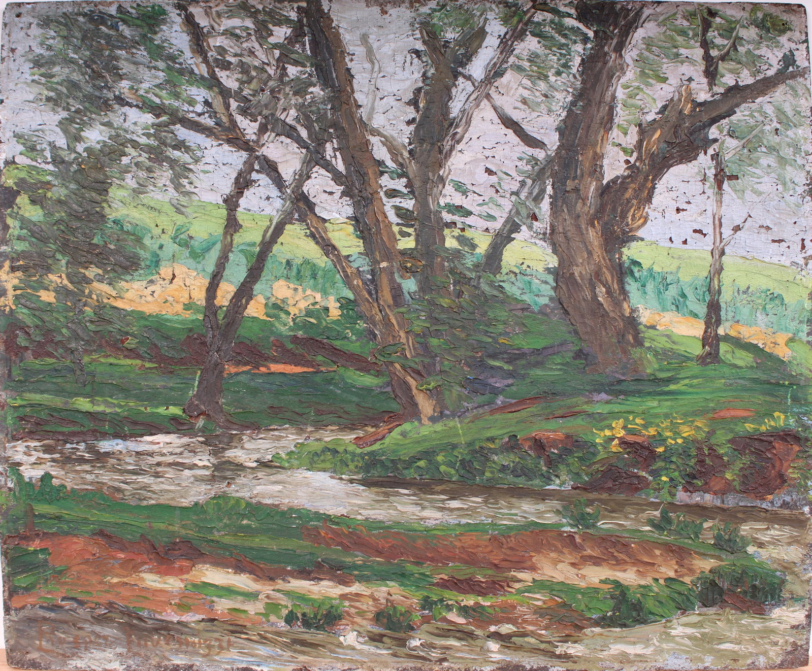 Vintage American Impressionist Forest Landscape Oil Painting: Vintage American oil painting. Measuring: 14 by 16.5 inches overall. Domestic flat rate shipping with Fedex is set to $75 for this lot. Please see all images for condition (additional photos and black