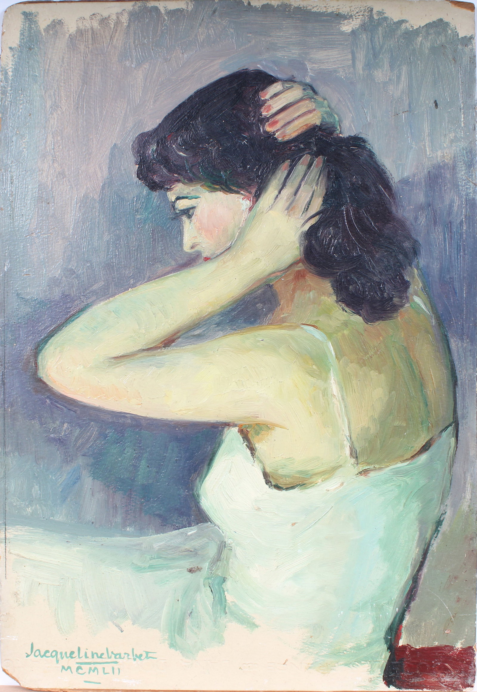 Signed Vintage American Impressionist Woman Portrait Original MCM Oil Painting: Vintage American oil painting. Measuring: 11 by 16 inches overall. Domestic flat rate shipping with Fedex is set to $75 for this lot. Please see all images for condition (additional photos and blackli