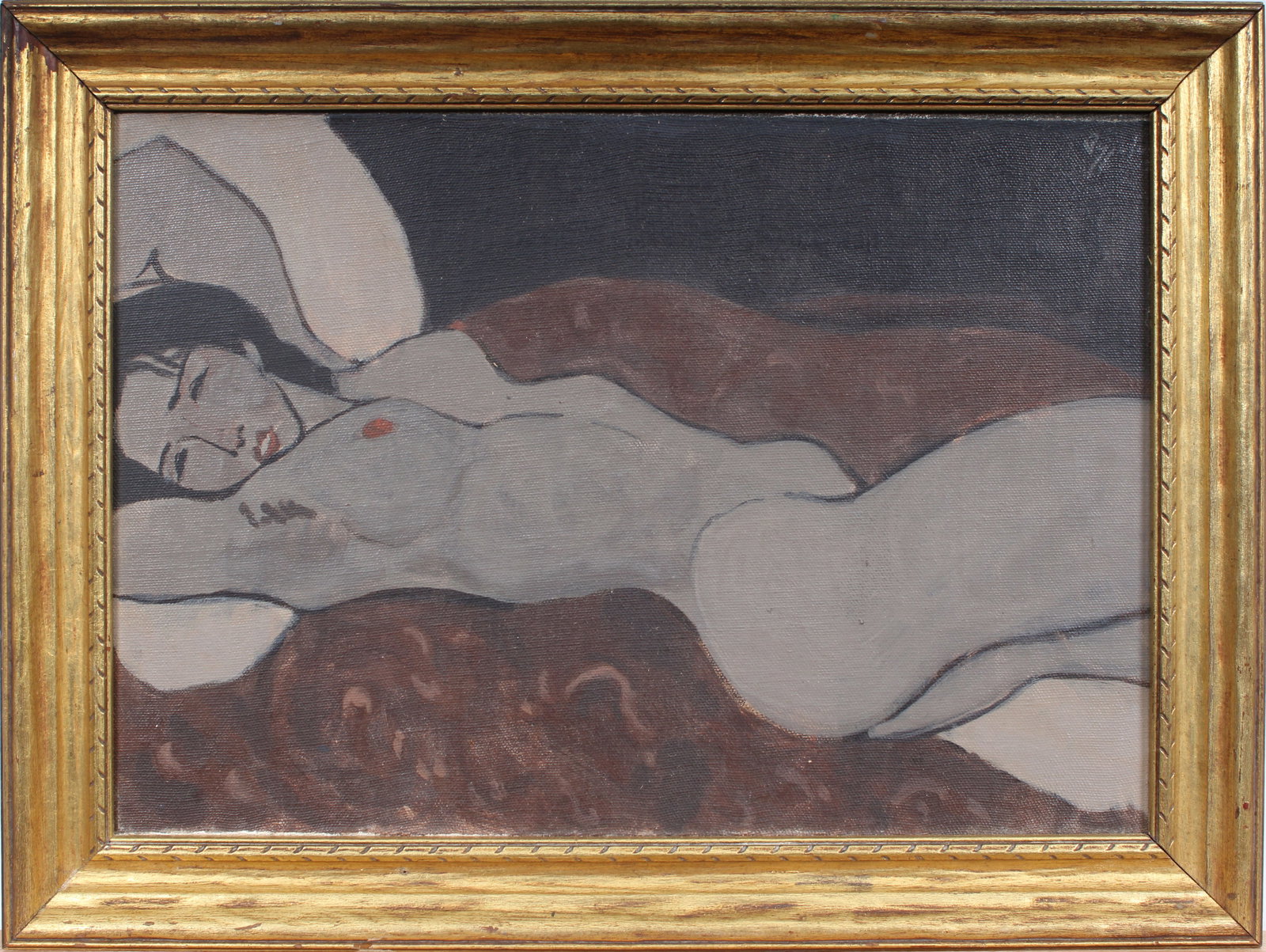 Vintage American Modernist Giltwood Framed Nude Woman Portrait Oil Painting: Vintage American nude woman oil painting. Measuring: 13 by 17 inches overall. Domestic flat rate shipping with Fedex is set to $75 for this lot. Please see all images for condition (additional photos 