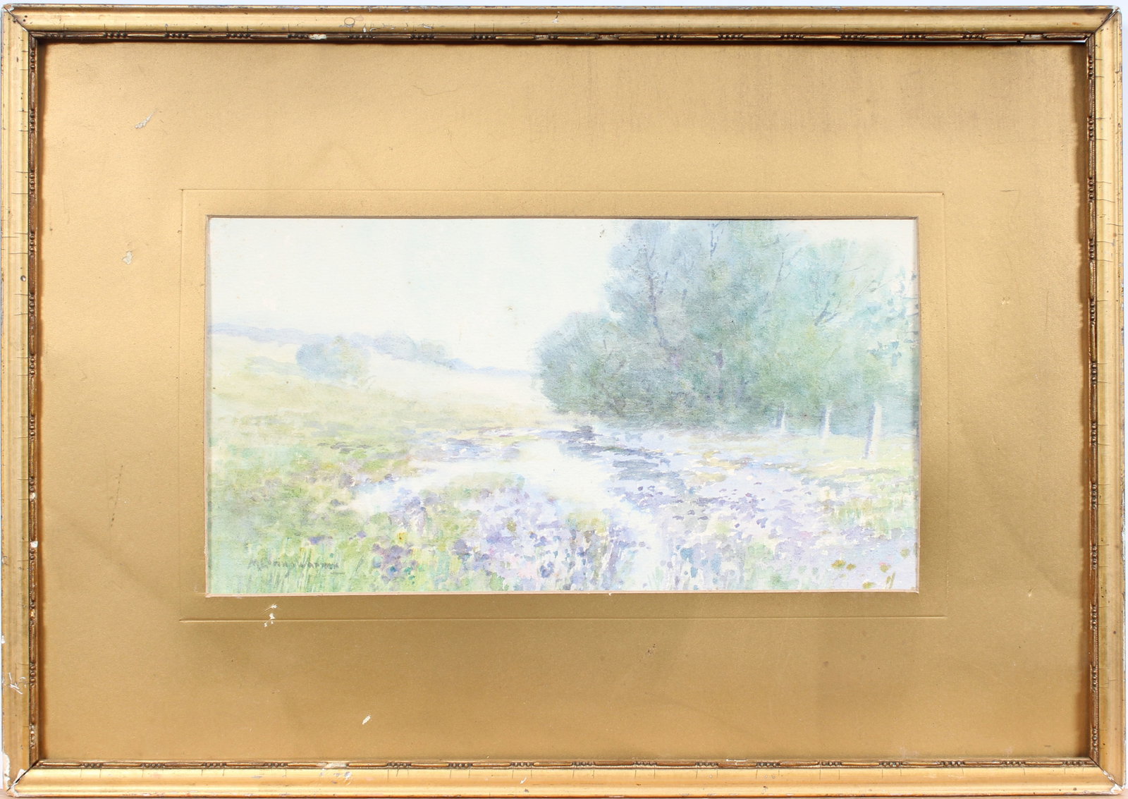 Signed Vintage American Impressionist Landscape Giltwood Framed Painting: Vintage American landsccape painting. Measuring: by inches overall. Domestic flat rate shipping with Fedex is set to $100 for this lot. Please see all images for condition (additional photos and black