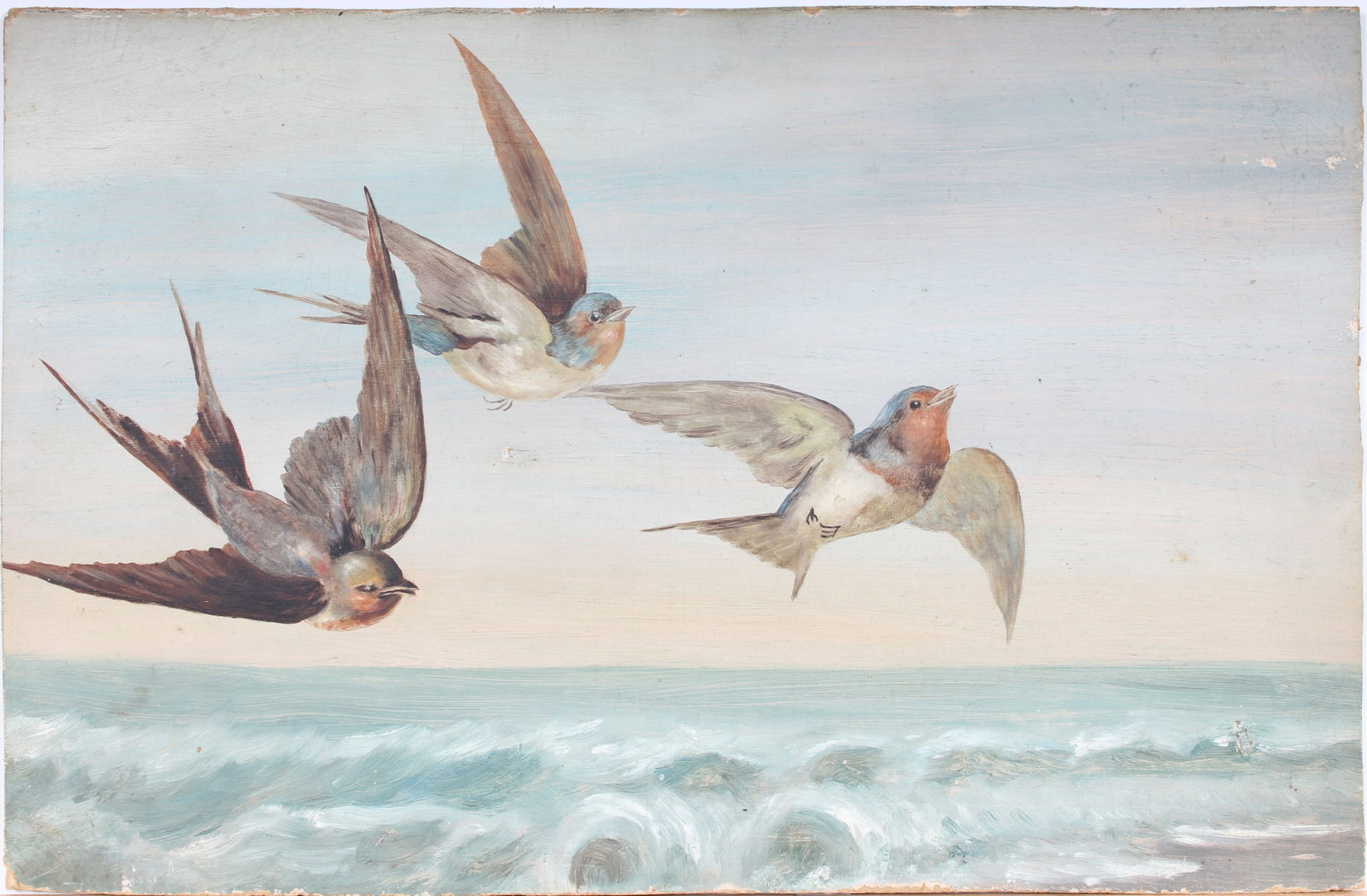 Antique American "Three Swallows over the Sea" Bird Portrait, Fidelia Bridges School Oil Painting: Vintage American oil painting. Measuring: 11.5 by 17 inches overall. Domestic flat rate shipping with Fedex is set to $75 for this lot. Please see all images for condition (additional photos and black