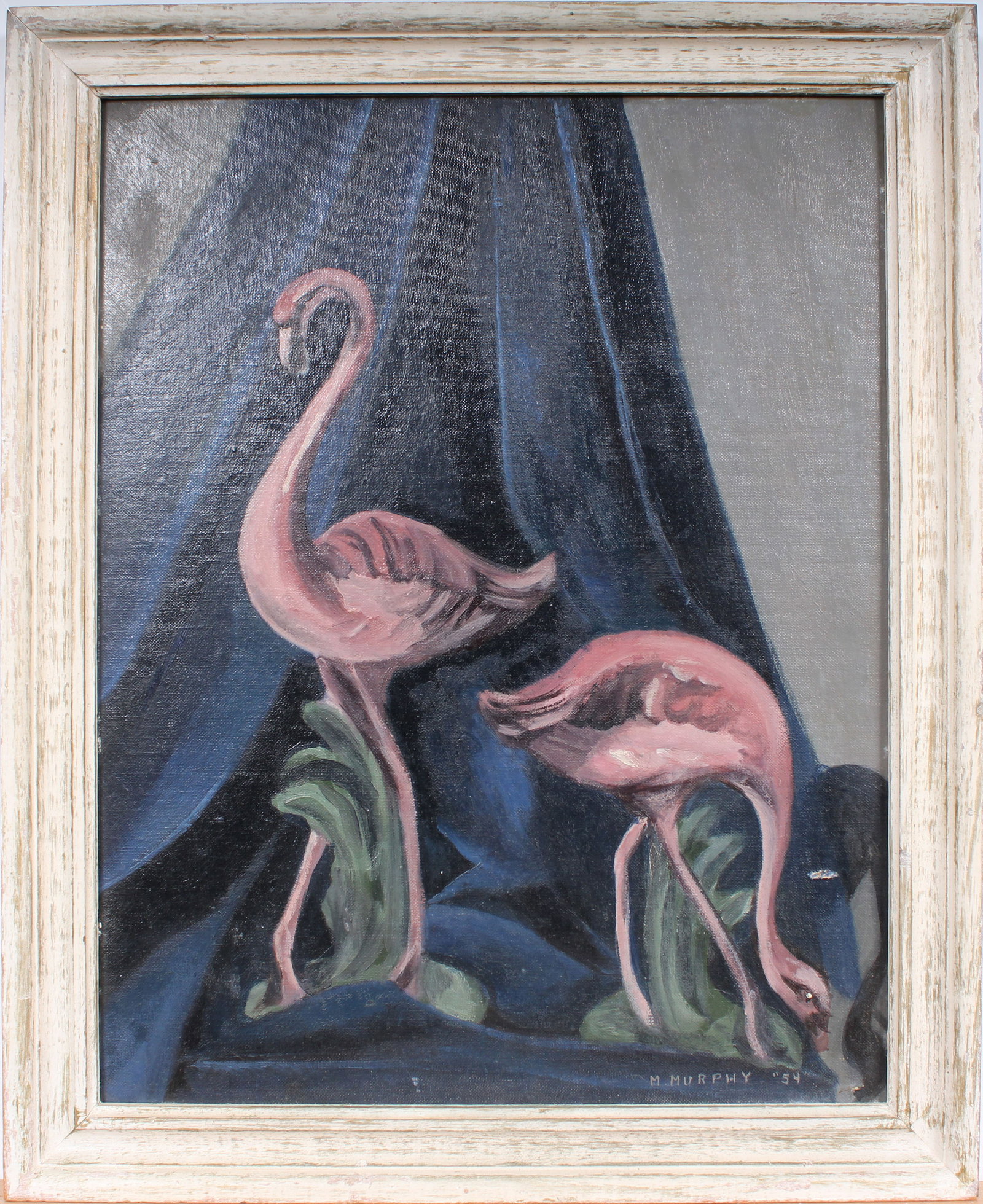 Vintage American Mid Century Modern Flamingo Bird Still Life Framed Signed Oil Painting: Vintage American bird portrait oil painting. Measuring: 17 by 21 inches overall. Domestic flat rate shipping with Fedex is set to $85 for this lot. Please see all images for condition (additional phot