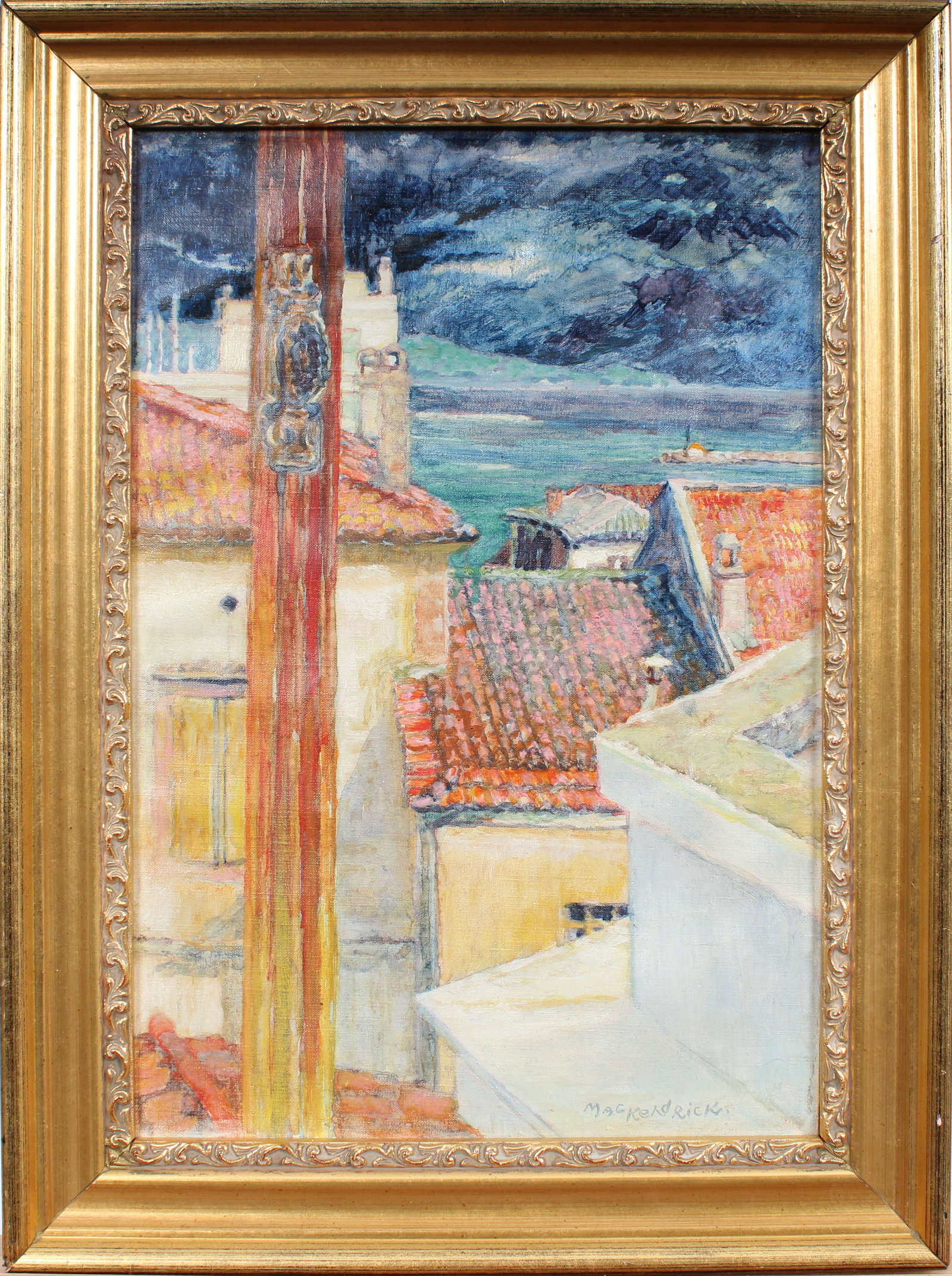 Vintage American Impressionist Giltwood Framed Coastal Town Scene Signed "MacKendrick" Oil Painting (1 of 7)