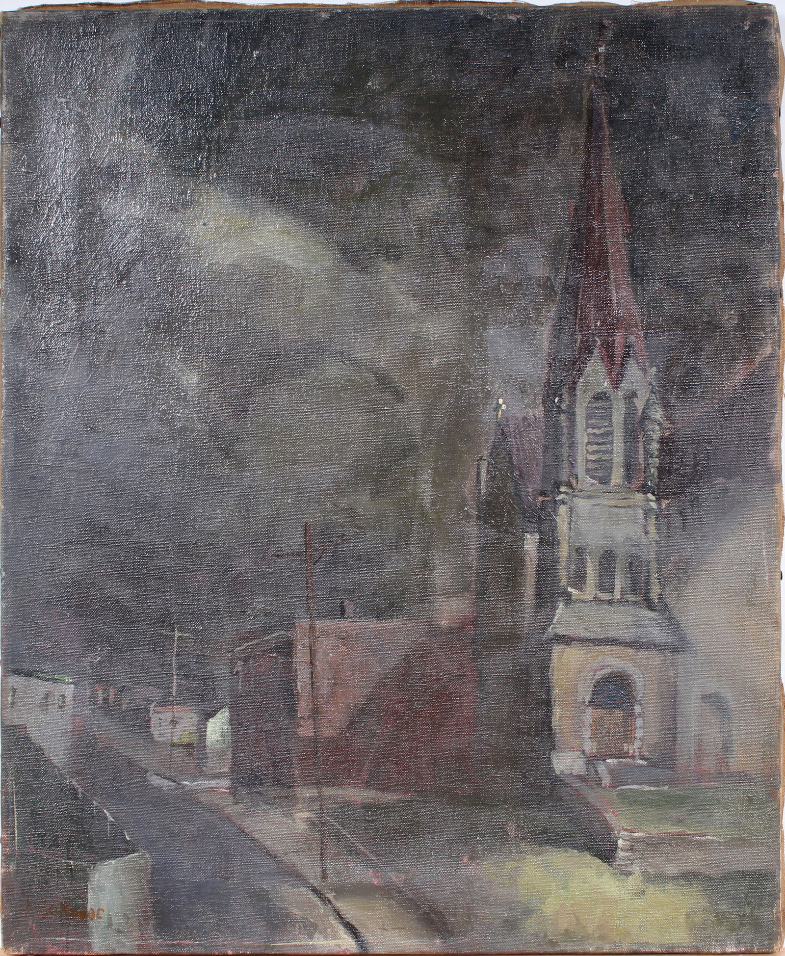 Vintage American Modernist Nocturnal Street Scene Signed Double Sided Oil Painting: Vintage American oil painting. Measuring: 16 by 20 inches overall. Domestic flat rate shipping with Fedex is set to $75 for this lot. Please see all images for condition (additional photos and blackli