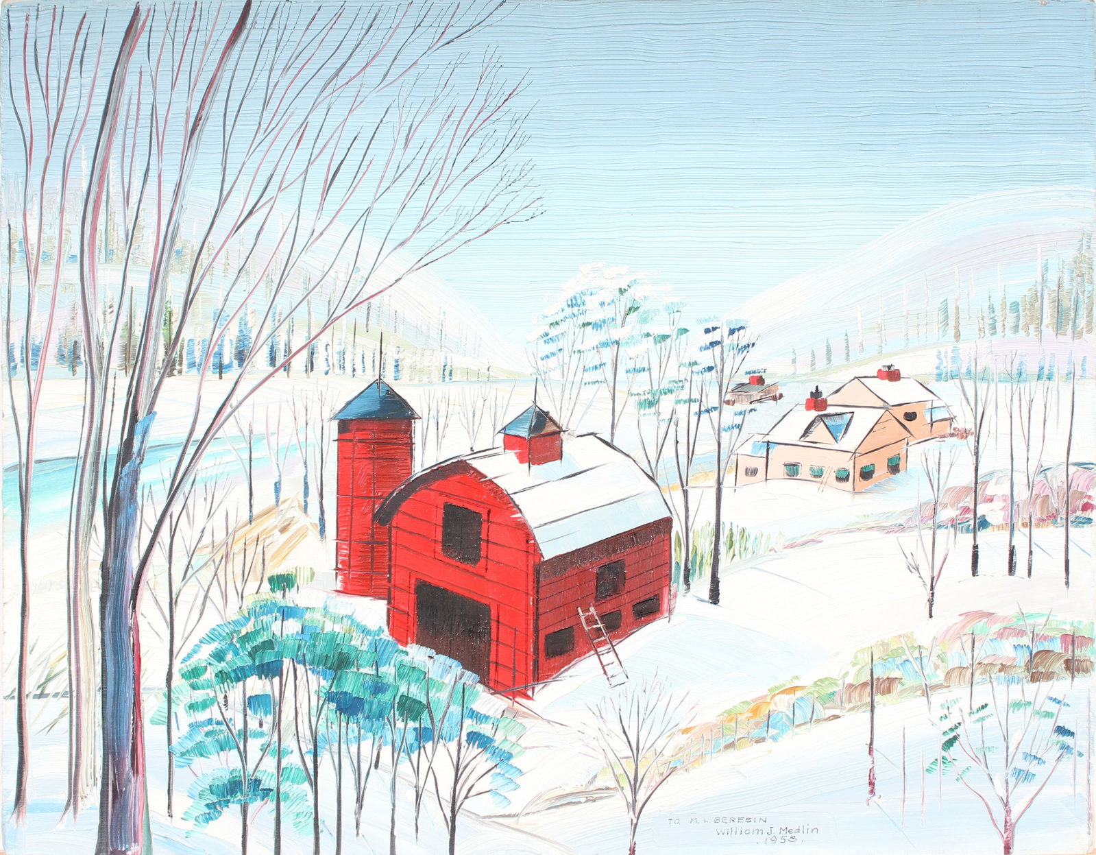 Vintage American Folk Art Winter Landscape Signed Oil Painting: Vintage American folk art winter landscape oil painting. Measuring: 14.5 by 18.5 inches overall. Domestic flat rate shipping with Fedex is set to $75 for this lot. Please see all images for condition 