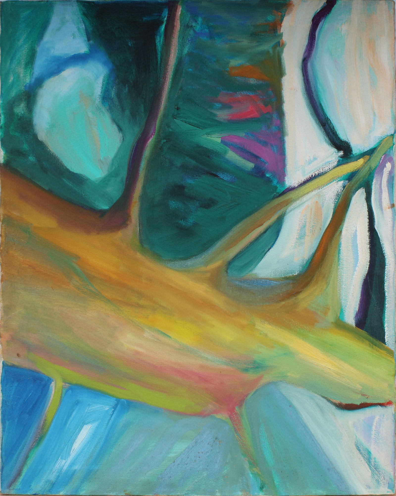 Vintage American Modernist Abstract Expressionist Oil Painting: Vintage American abstract oil painting. Signed verso. Measuring: 22 by 28 inches overall. Domestic flat rate shipping with Fedex is set to $100 for this lot. Please see all images for condition (addit