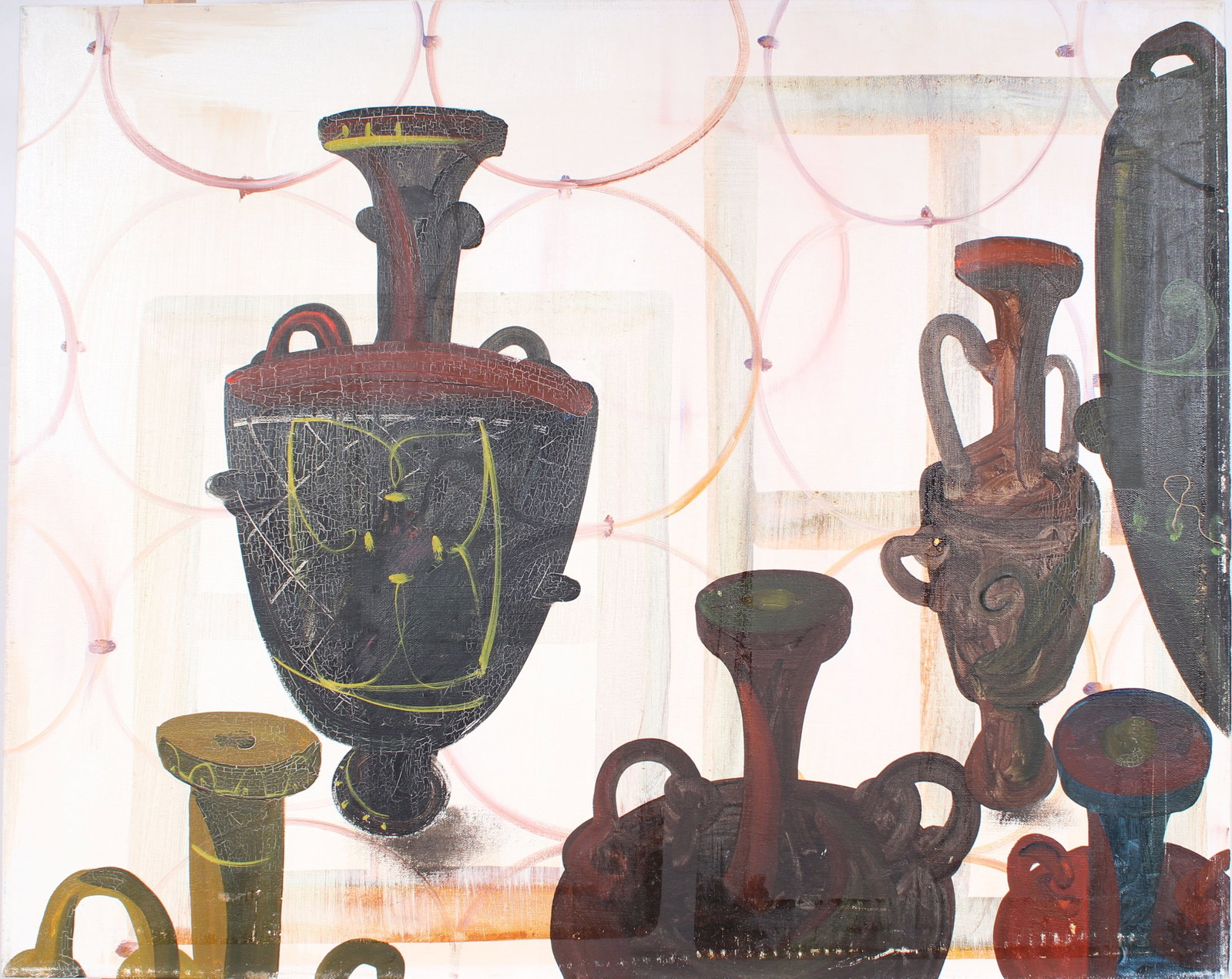 Vintage American School Modernist Abstract Still Life Classical Vase Oil Painting: Vintage American school oil painting. Measuring: 24 by 30 inches overall. Domestic flat rate shipping with Fedex is set to $100 for this lot. Please see all images for condition (additional photos and