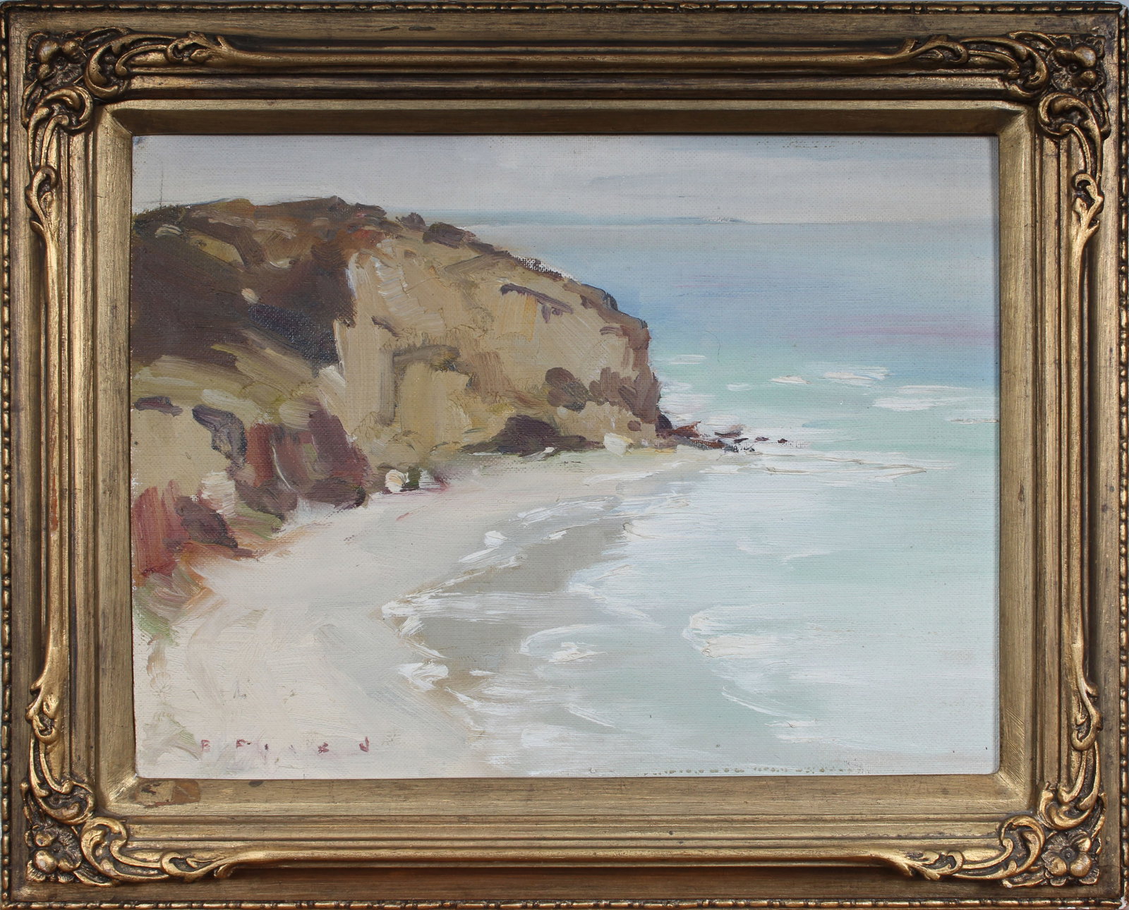 Vintage American Impressionist Signed Seascape Framed Double Sided Moody Oil Painting: Vintage American seascape oil painting. Measuring: 16.5 by 20.5 inches overall. Domestic flat rate shipping with Fedex is set to $75 for this lot. Please see all images for condition (additional photo