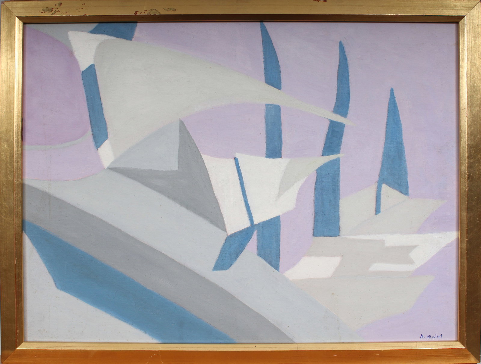 Vintage American School Signed Giltwood Frame Modernist Abstract Oil Painting: Vintage American abstract oil painting. Measuring: 19.5 by 25.5 inches overall. Domestic flat rate shipping with Fedex is set to $100 for this lot. Please see all images for condition (additional phot