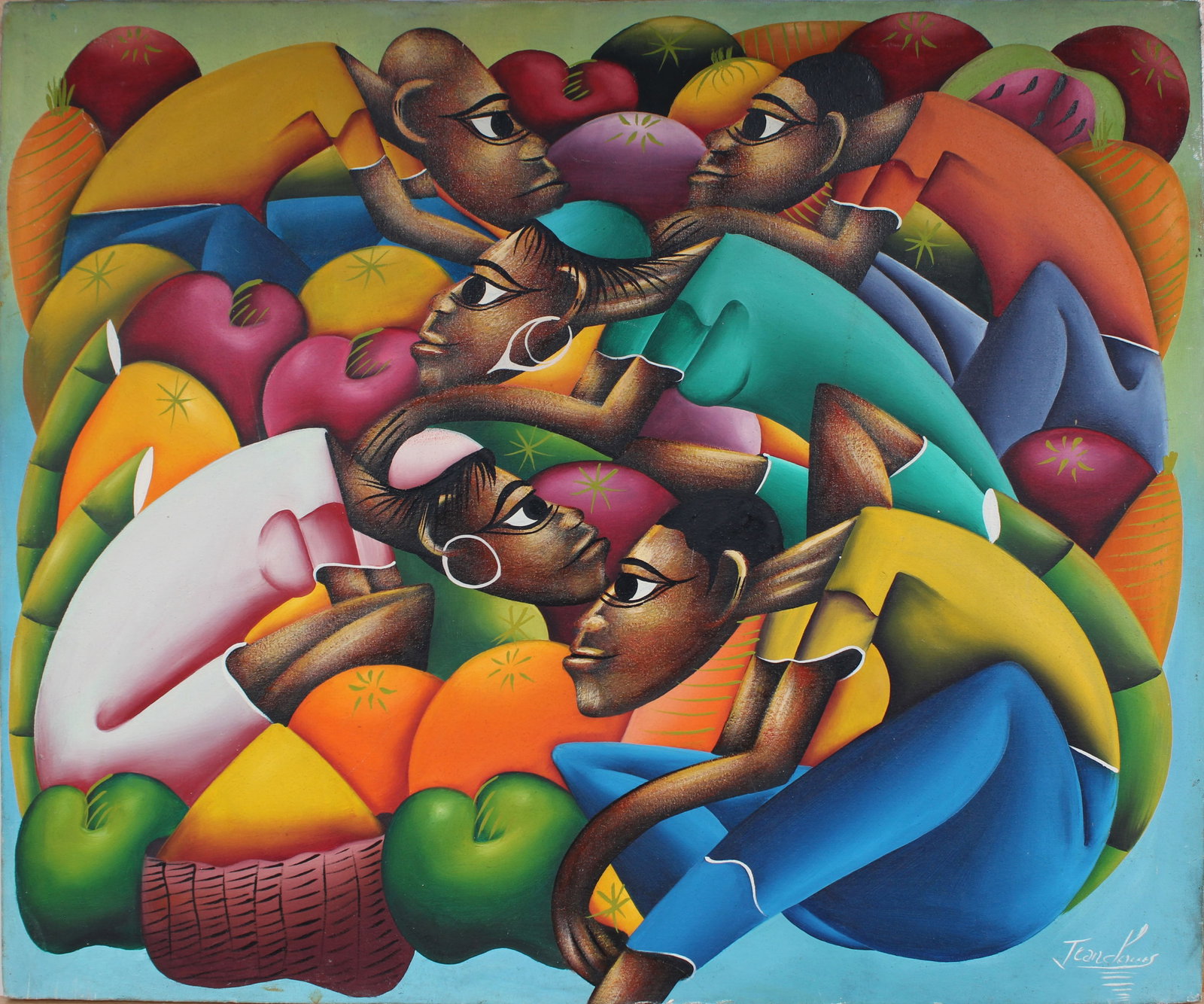 Vintage Signed Haitian Modernist Figural Group Portrait Signed Oil Painting (1 of 7)