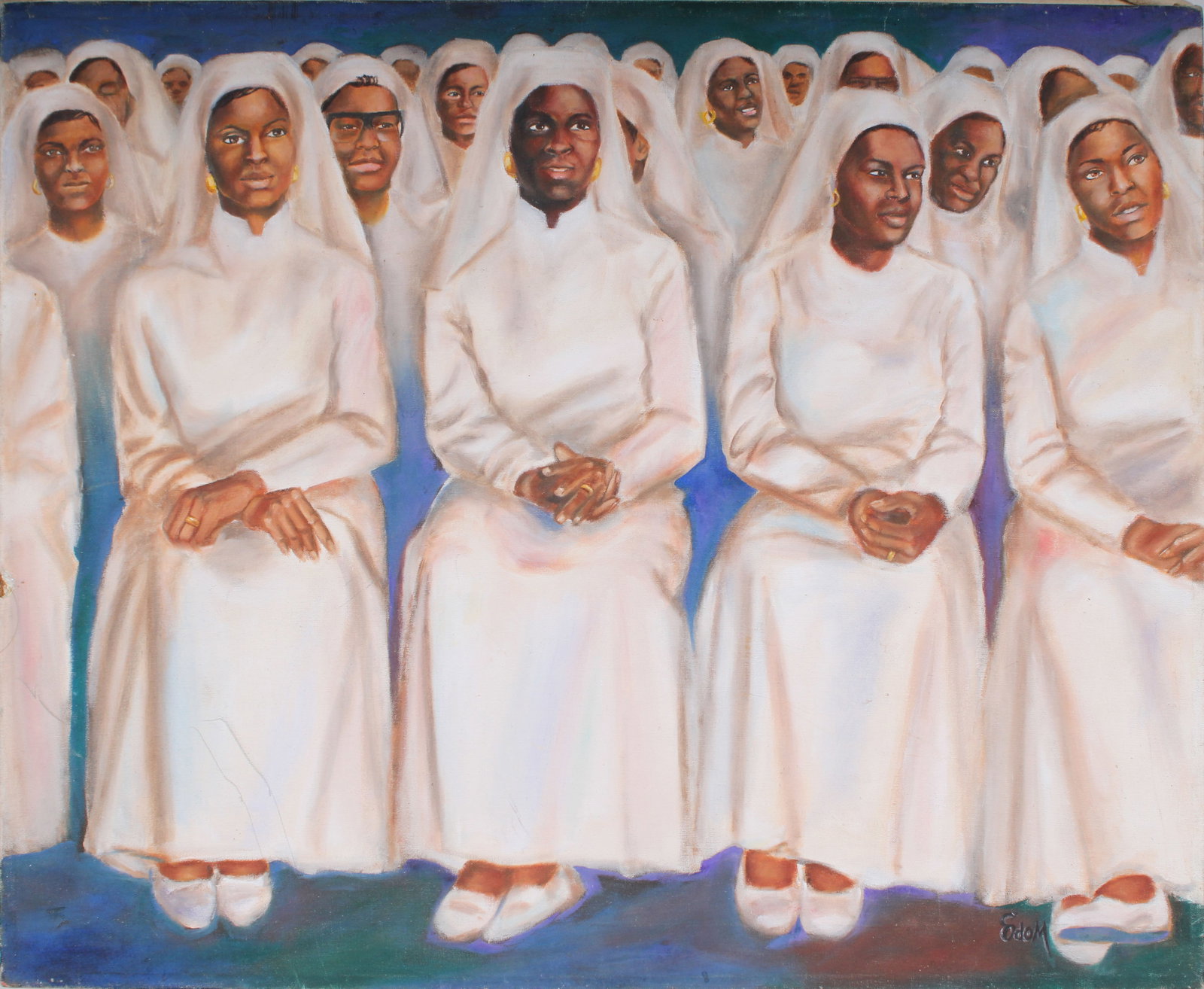 Vintage American School Black Church Group Portrait Modernist Signed Oil Painting: Vintage American oil painting. Measuring: 24 by 30 inches overall. Domestic flat rate shipping with Fedex is set to $100 for this lot. Please see all images for condition (additional photos and blackl