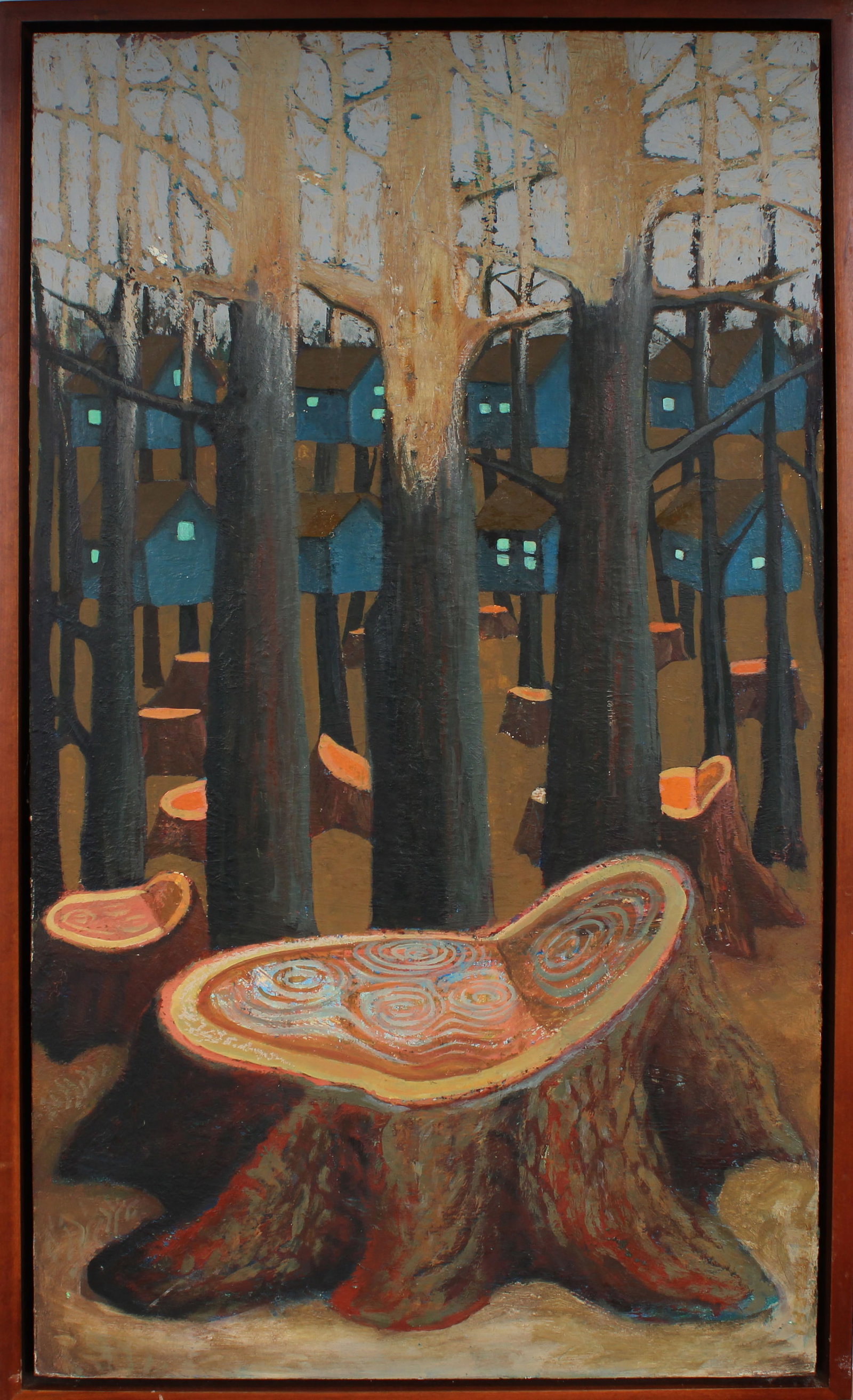 Paul Santoleri Signed Vintage American Surrealist Forest Interior Framed Big Modernist Oil Painting: Vintage American surrealist landscape oil painting. Measuring: 38 by 22 inches overall. Domestic flat rate shipping with Fedex is set to $250 for this lot. Please see all images for condition (additio