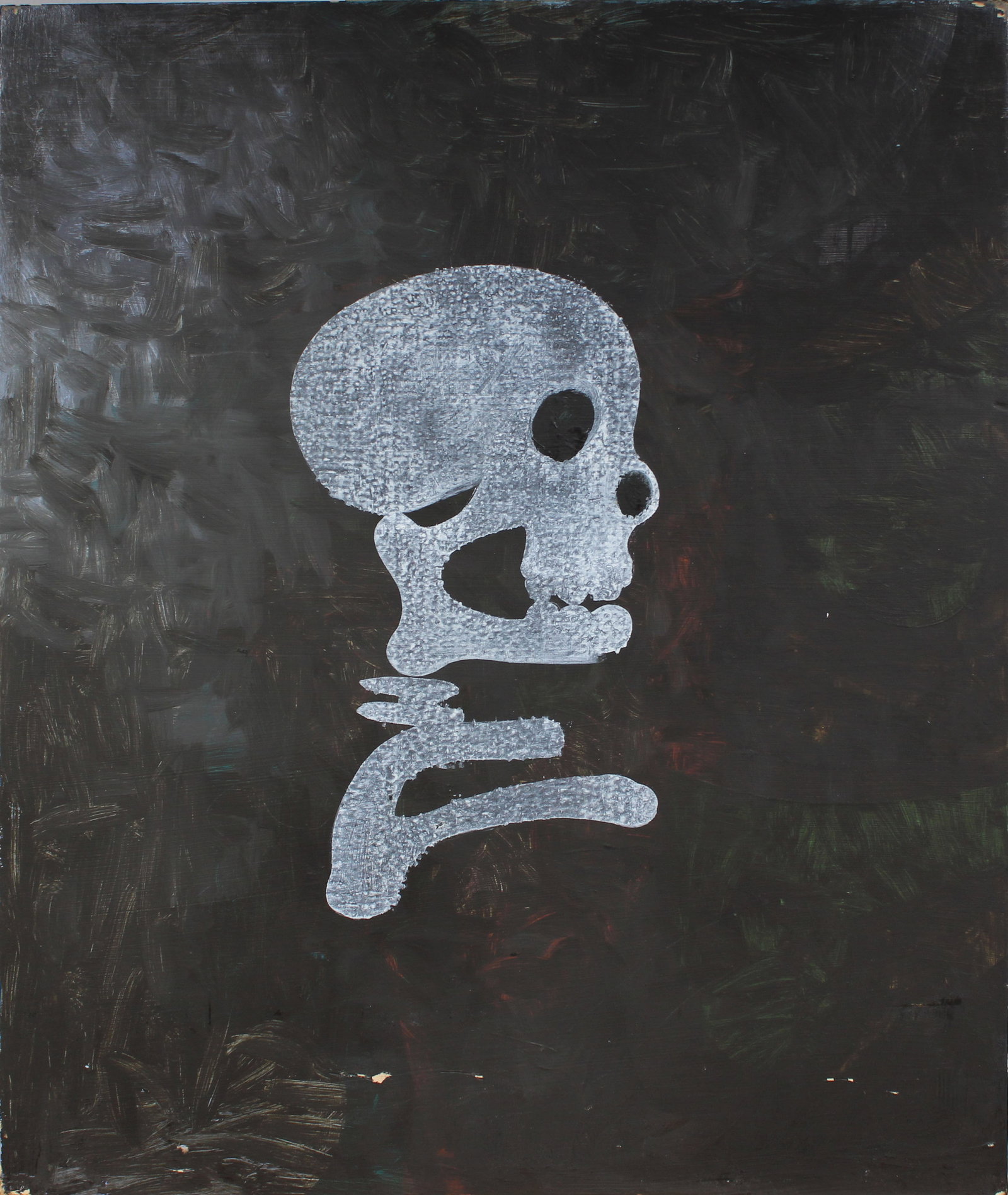 Vintage American Modernist Pop Art Skeleton Skull Portrait Original Macabre Oil Painting: Vintage American oil painting. Measuring: 20 by 16 inches overall. Domestic flat rate shipping with Fedex is set to $85 for this lot. Please see all images for condition (additional photos and blackli