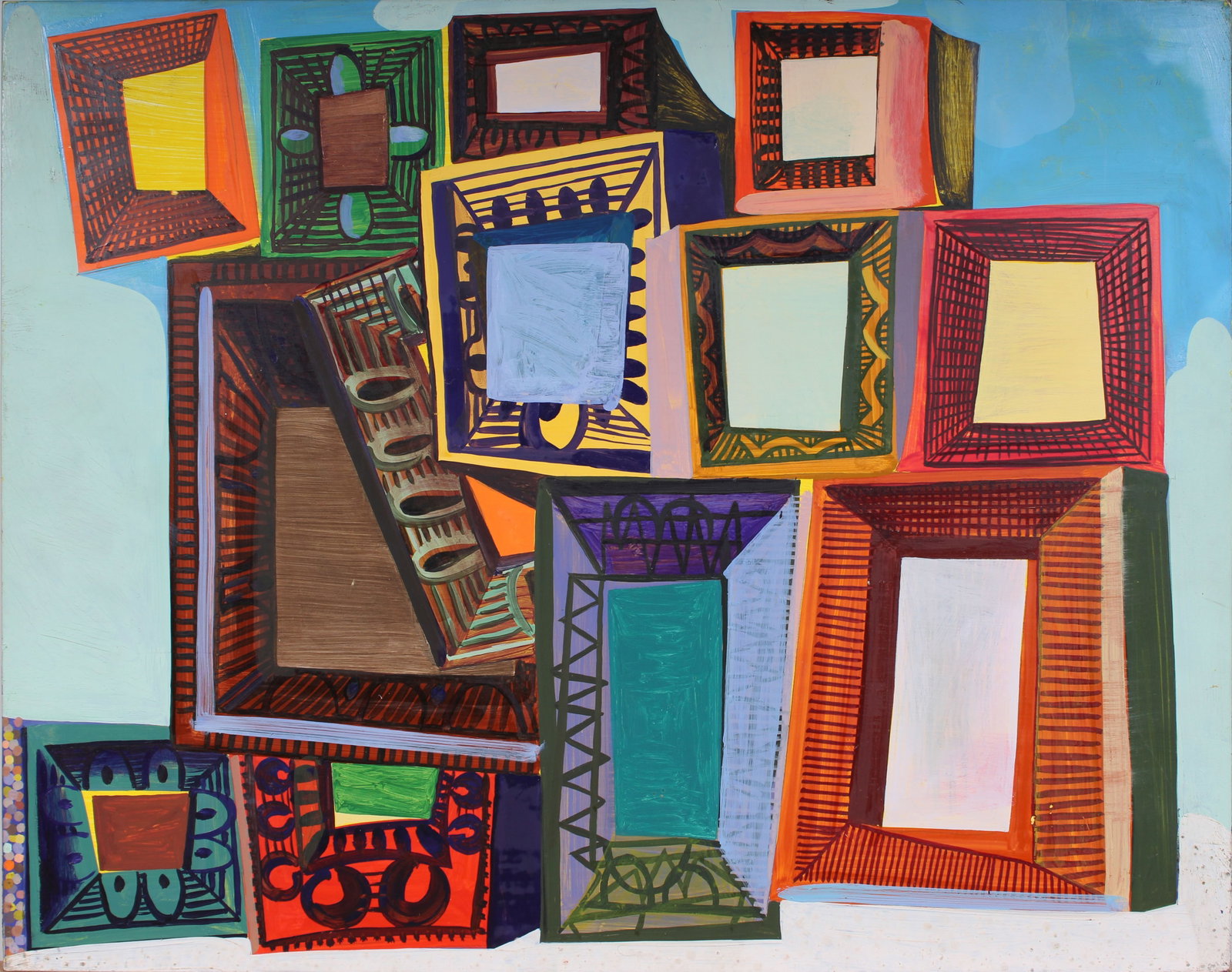 Vintage American School Modernist Surreal Interior Scene Artist Studio Signed Oil Painting: Vintage American oil painting. Measuring: 16 by 20 inches overall. Domestic flat rate shipping with Fedex is set to $75 for this lot. Please see all images for condition (additional photos and blackli