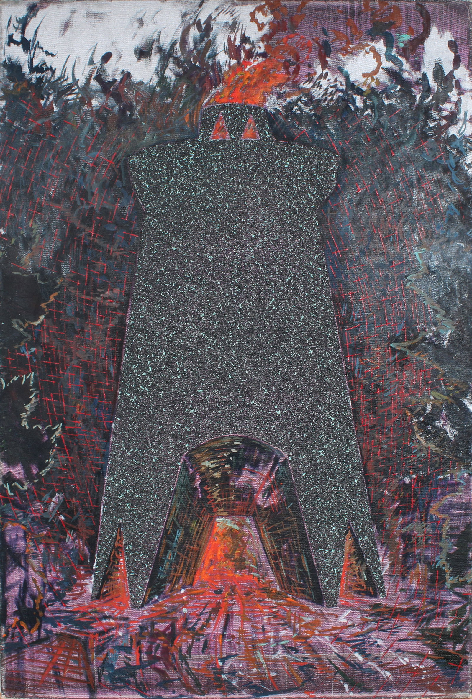 Vintage American Modernist Surreal Outsider Flaming Stone Man Surreal Oil Painting: Vintage American oil painting. Measuring: 30 by 20 inches overall. Domestic flat rate shipping with Fedex is set to $100 for this lot. Please see all images for condition (additional photos and blackl