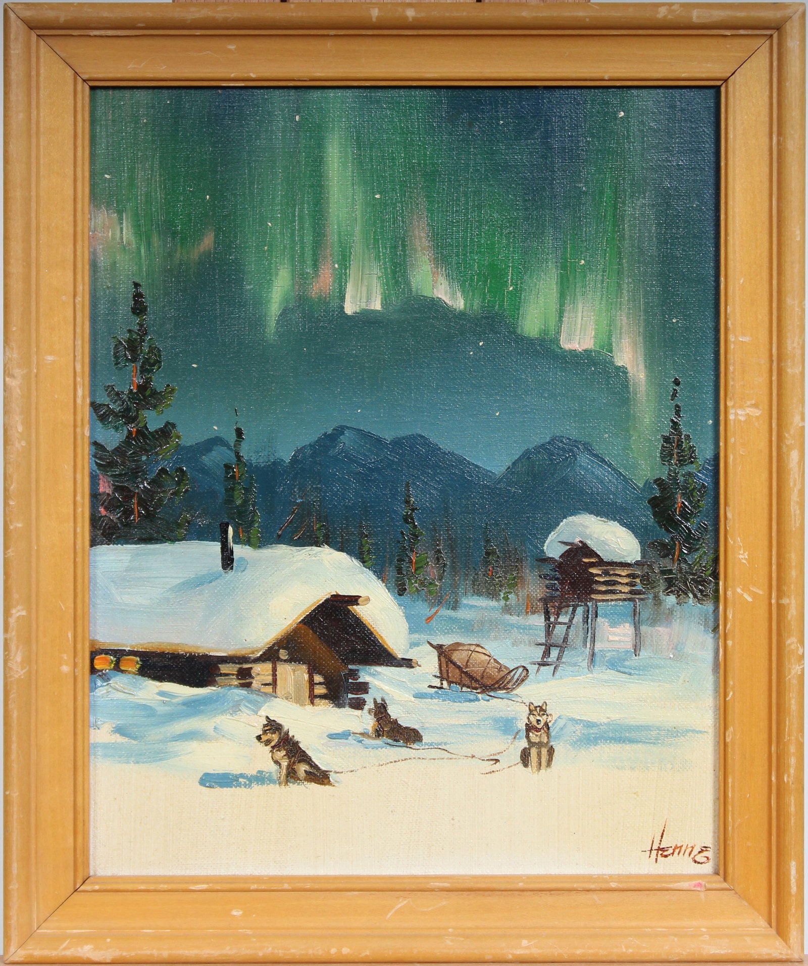 Ellen “Henne” Goodale (AK,1915-1991) Oil Painting Northern Lights Husky Signed Winter Oil: Vintage American impressionist oil painting. Measuring: 11.5 by 9.5 inches overall. Domestic flat rate shipping with Fedex is set to $75 for this lot. Please see all images for condition (additional p
