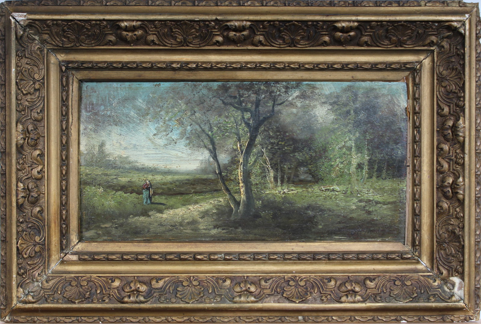 Antique French Barbizon School Framed Landscape Oil Painting: Antique French oil painting. Measuring: 13.5 by 20.5 inches overall. Domestic flat rate shipping with Fedex is set to $85 for this lot. Please see all images for condition (additional photos and black