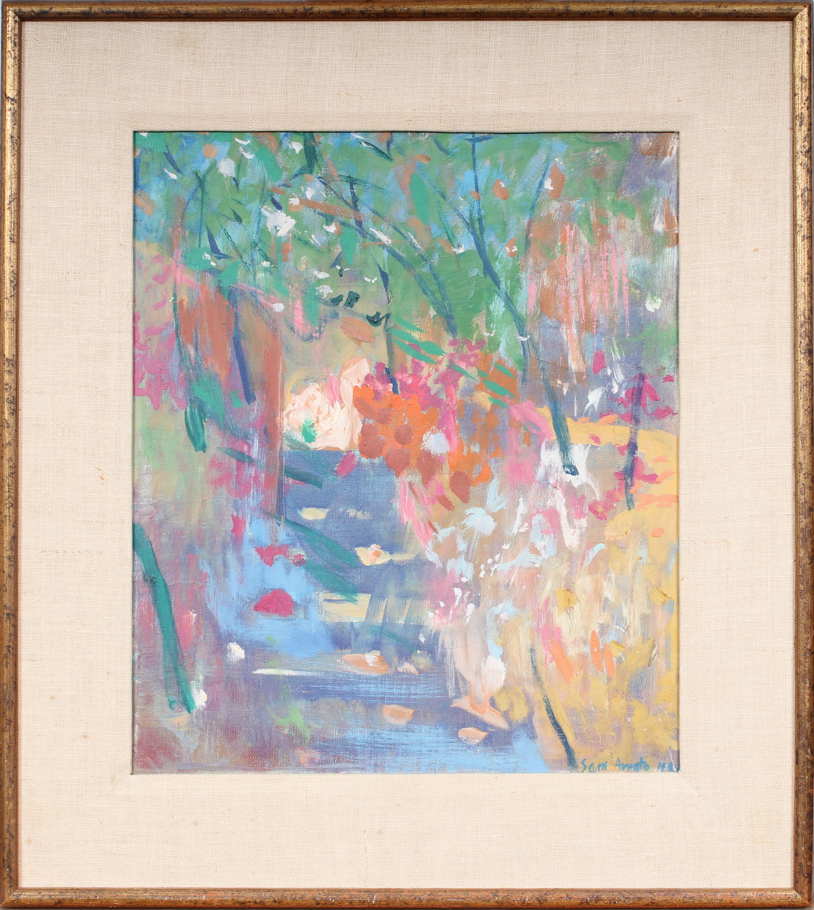 Sam Amato Signed Vintage American Modernist Garden Landscape Gallery Provenance Oil Painting: Vintage American oil painting. Measuring: 19.5 by 17.5 inches overall. Domestic flat rate shipping with Fedex is set to $85 for this lot. Please see all images for condition (additional photos and bla
