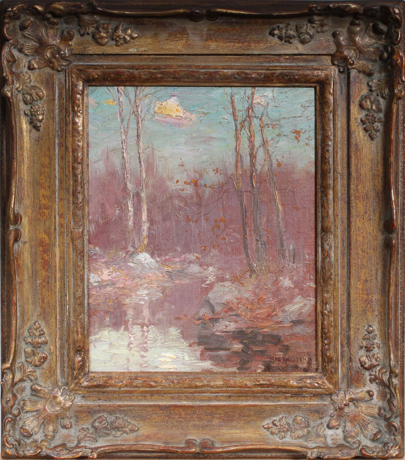 Hal Robinson "November on the Saw Mill" Antique American Impressionist Winter Landscape Oil Painting: Antique American winter oil painting. Measuring: 13 by 15 inches overall. Domestic flat rate shipping with Fedex is set to $85 for this lot. Please see all images for condition (additional photos and 