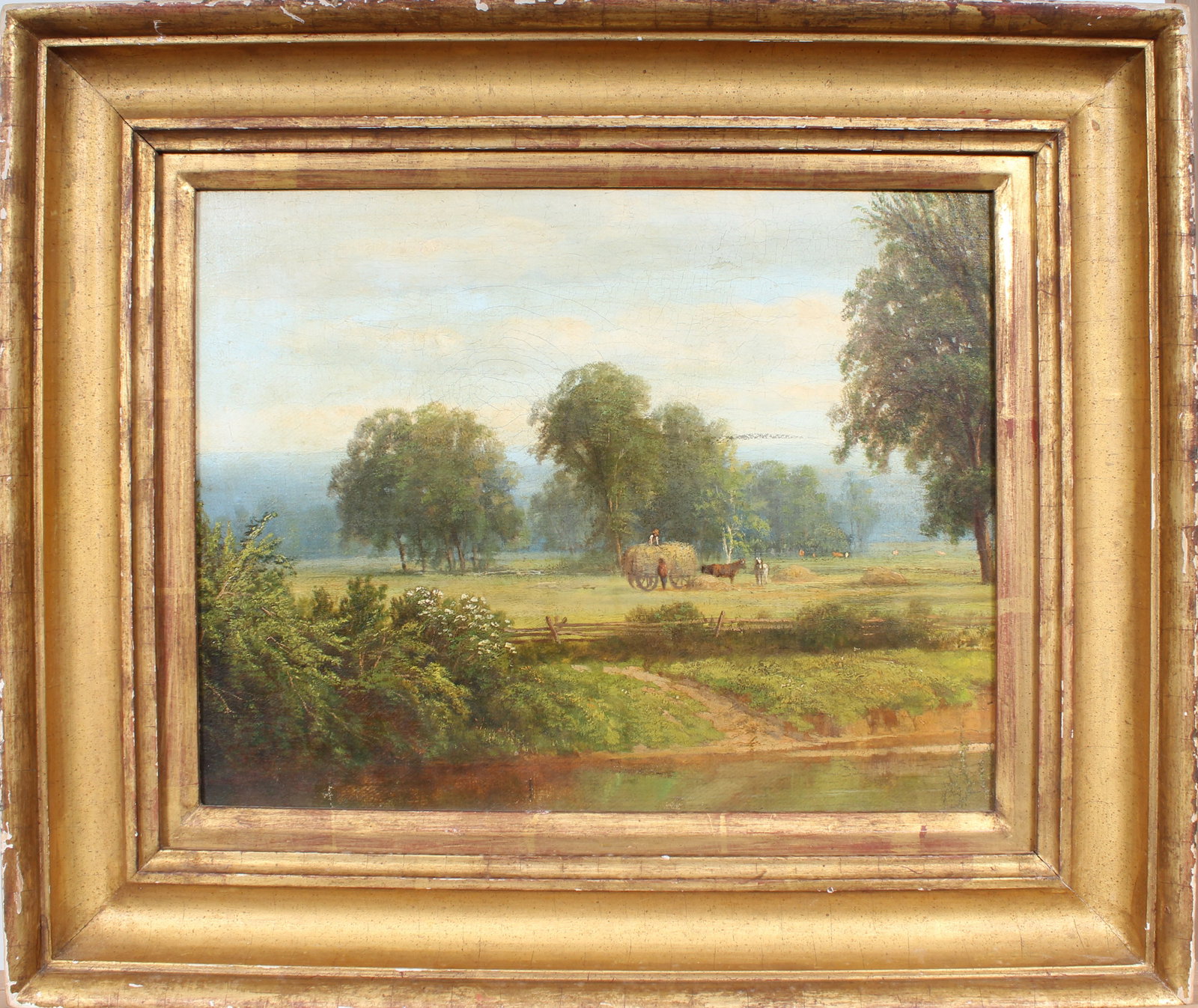 Antique American Finely Detailed Hudson River School Framed Horse Farm Landscape Oil Painting: Antique American oil painting. Measuring: 16 by 19 inches overall. Domestic flat rate shipping with Fedex is set to $100 for this lot. Please see all images for condition (additional photos and blackl