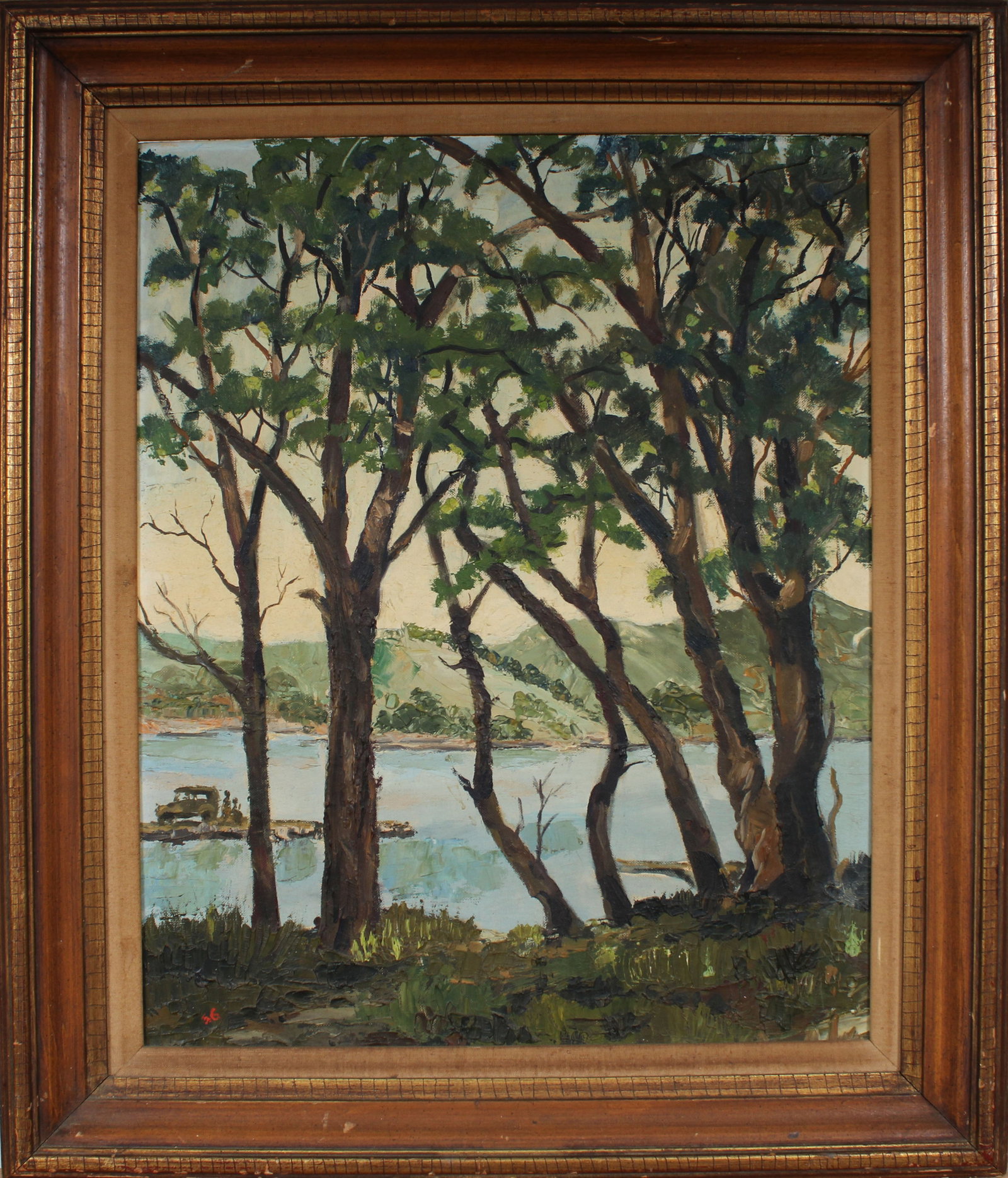Vintage Nicely Framed American Modernist River Landscape Signed Original Oil Painting: Vintage American oil painting. Measuring: 21 by 25 inches overall. Domestic flat rate shipping with Fedex is set to $100 for this lot. Please see all images for condition (additional photos and blackl