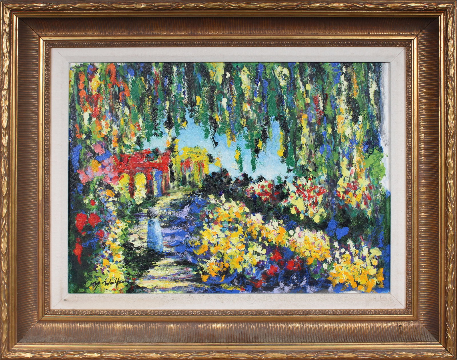 Vintage American Post Impressionist Flower Garden Signed Giltwood Framed Modernist Oil Painting: Vintage American landscape oil painting. Measuring: 24.5 by 30.5 inches overall. Domestic flat rate shipping with Fedex is set to $135 for this lot. Please see all images for condition (additional pho