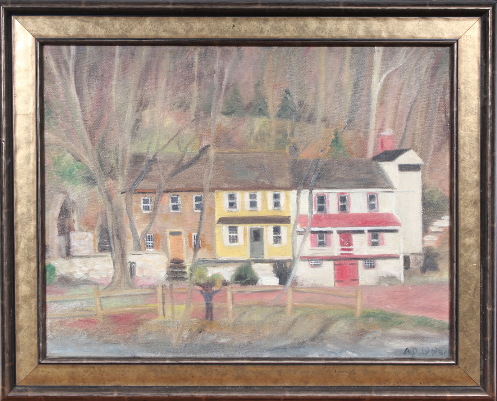 Vintage American School Pennsylvania Rural Landscape Framed Signed Oil Painting: Vintage American landscape oil painting. Measuring: 15 by 18 inches overall. Domestic flat rate shipping with Fedex is set to $75 for this lot. Please see all images for condition (additional photos a