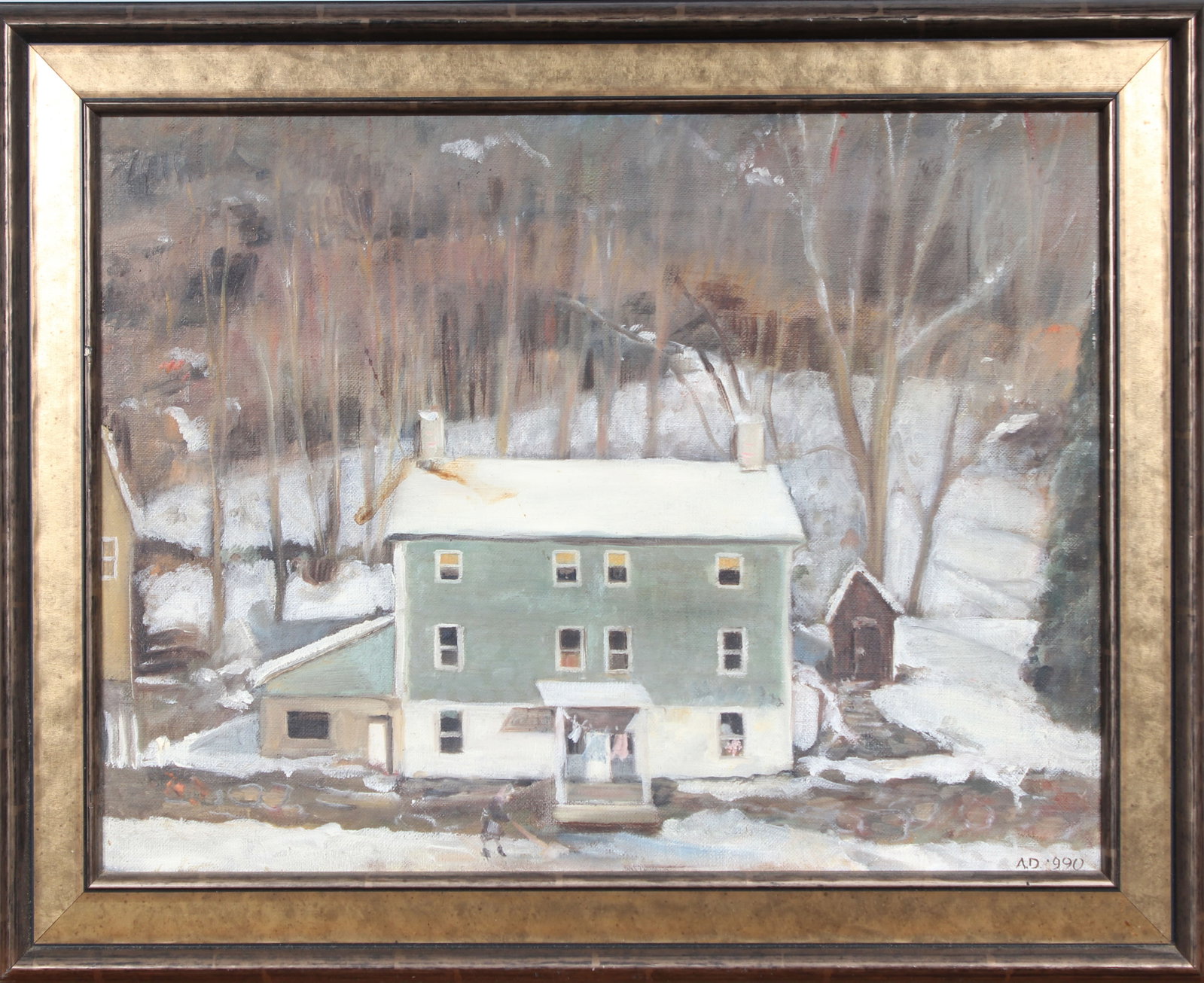 Vintage American School Pennsylvania Rural Winter Landscape Framed Signed Oil Painting: Vintage American winter landscape oil painting. Measuring: 15 by 20 inches overall. Domestic flat rate shipping with Fedex is set to $85 for this lot. Please see all images for condition (additional p