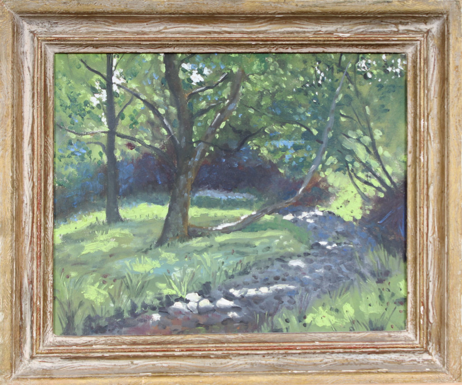 Vintage American Impressionist Framed Spring Farm Landscape Original Oil Painting: Vintage American landscapeoil painting. Measuring: 16 by 19 inches overall. Domestic flat rate shipping with Fedex is set to $80 for this lot. Please see all images for condition (additional photos an