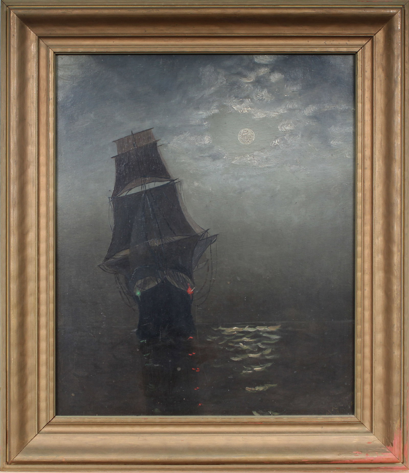 Antique Signed American School Moonlit Sailboat Seascape Framed Original Monogrammed Oil Painting (1 of 6)