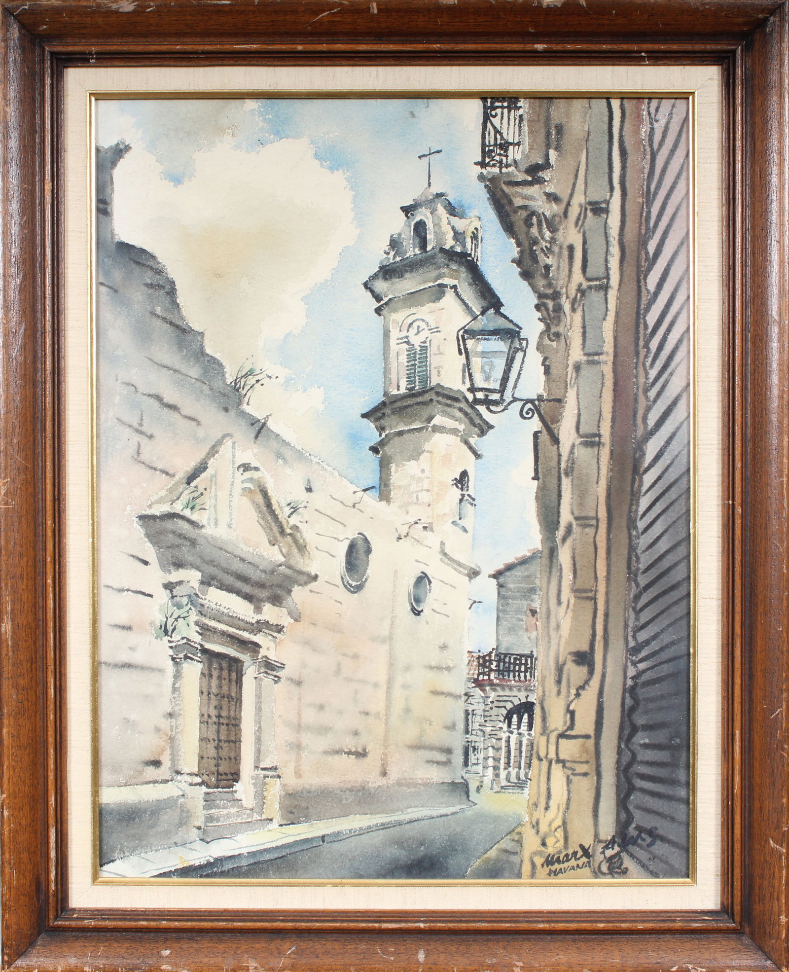 Vintage American Impressionist Signed Havana Cuba Framed Street Scene AWS Painting: Vintage American in Cuba painting. Measuring: 26 by 21 inches overall. Domestic flat rate shipping with Fedex is set to $100 for this lot. Please see all images for condition (additional photos and bl