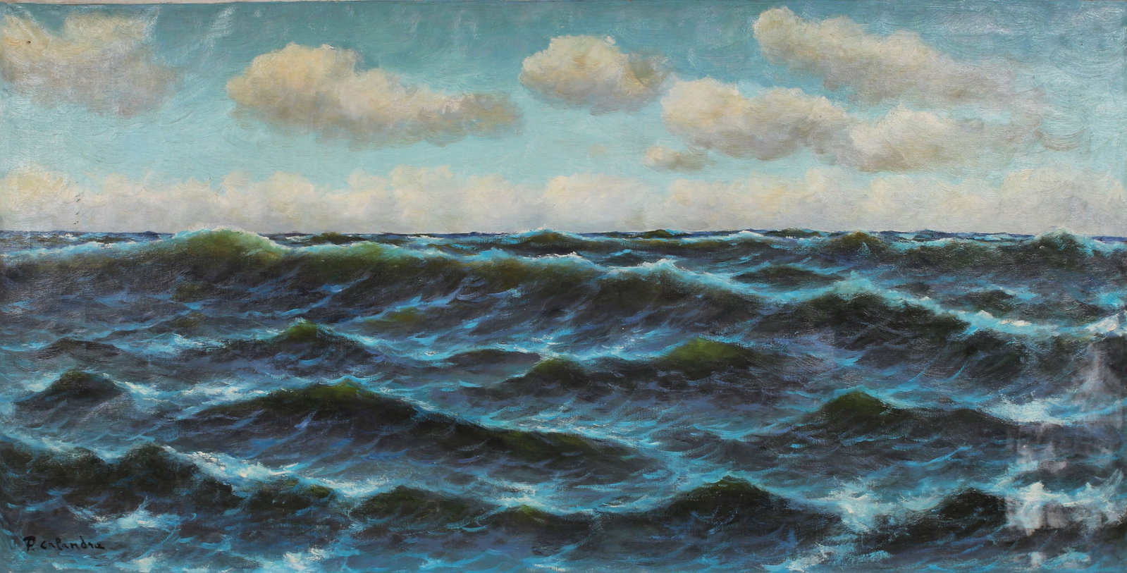 Large Vintage American Impressionist Crashing Waves Tranquil Panoramic Seascape Signed Oil Painting: Vintage American or possibly Italian seascape oil painting. Measuring: 24 by 48 inches overall. Domestic flat rate shipping with a national art courier. Please see all images for condition (additional