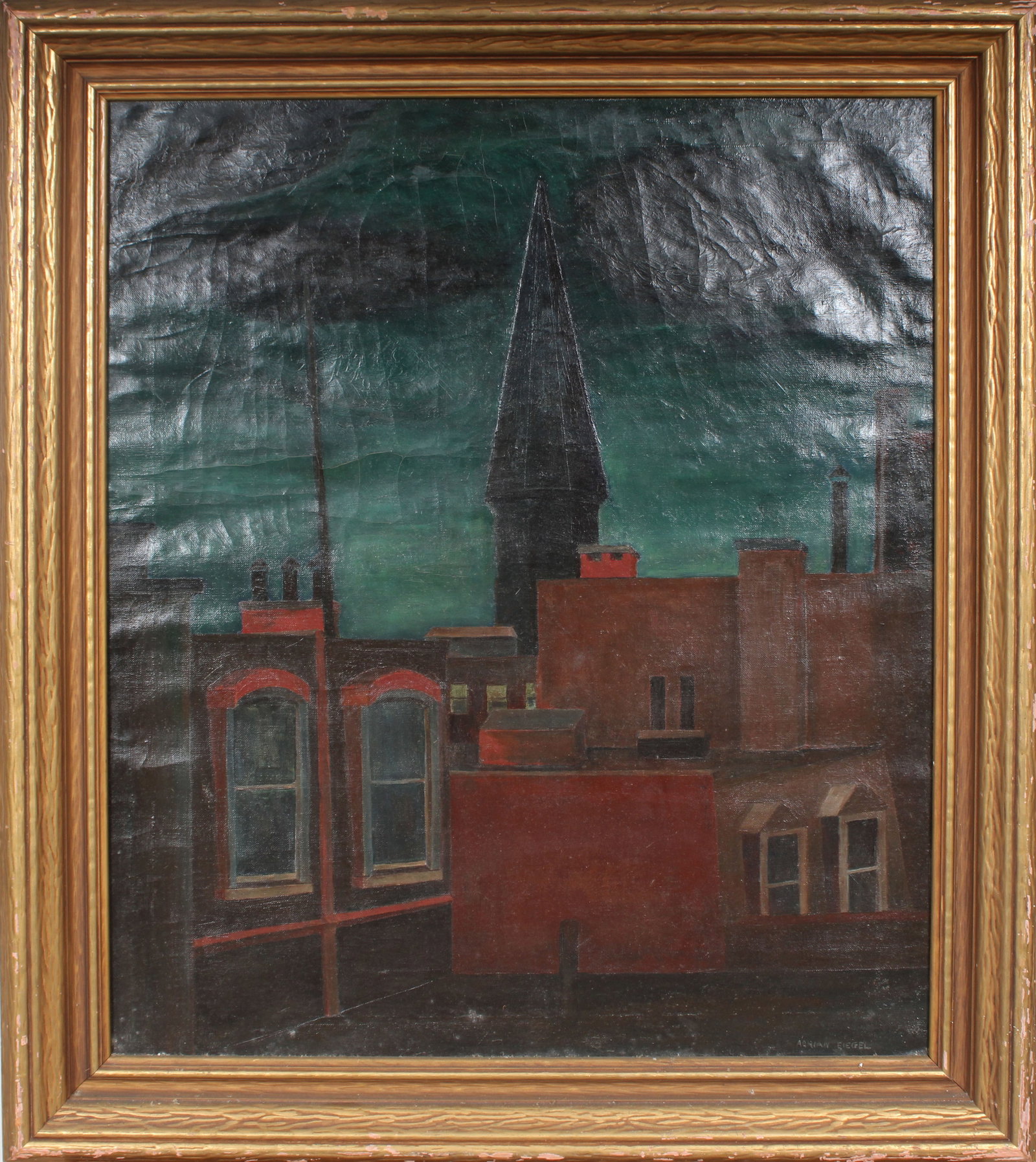 Adrian Siegel "Spruce Street" Signed Exhibited Vintage American WPA Modernist Framed Oil Painting: Vintage American street scene oil painting. Signed. Framed. Measuring: 30 by 35 inches overall. Domestic flat rate shipping with Fedex is set to $235 for this lot. Please see all images for condition 