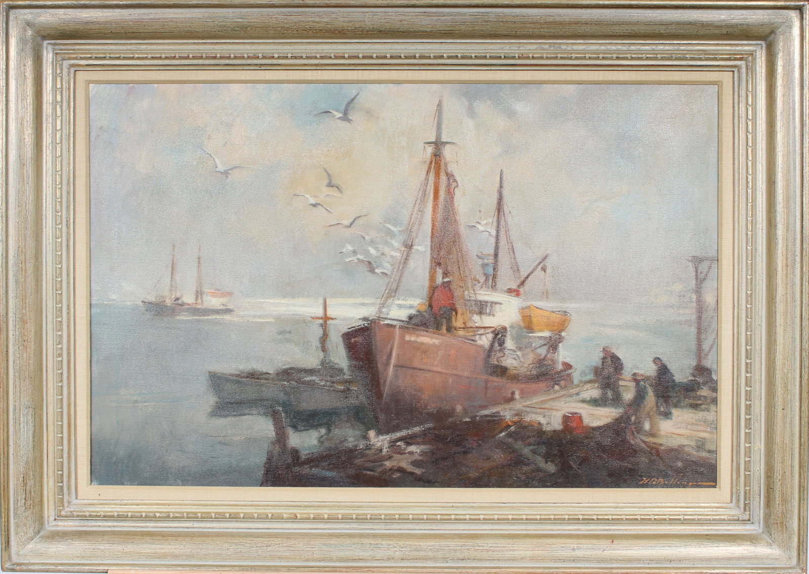 Harry Ballinger (1892-1993) Large Vintage American Impressionist Framed Seascape Oil Painting: Vintage American oil painting. Measuring: 28 by 38 inches overall. Domestic flat rate shipping with Fedex is set to $250 for this lot. Please see all images for condition (additional photos and blackl