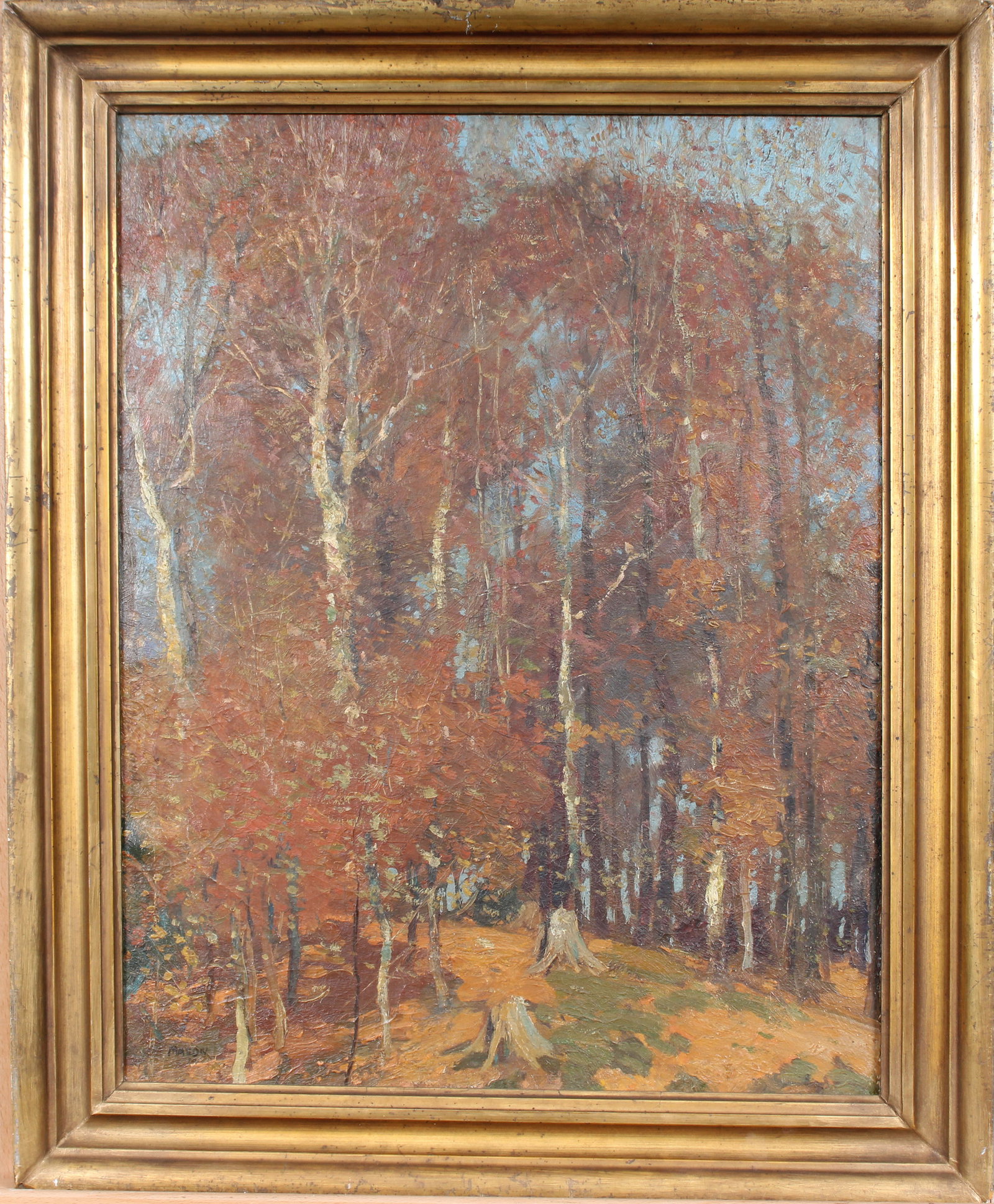 Signed "Mason '24" Finely Executed Fall Impressionist Antique American Framed Landscape Oil Painting: Antique American landscape oil painting. Measuring: 26.5 by 21.5 inches overall. Domestic flat rate shipping with Fedex is set to $100 for this lot. Please see all images for condition (additional pho
