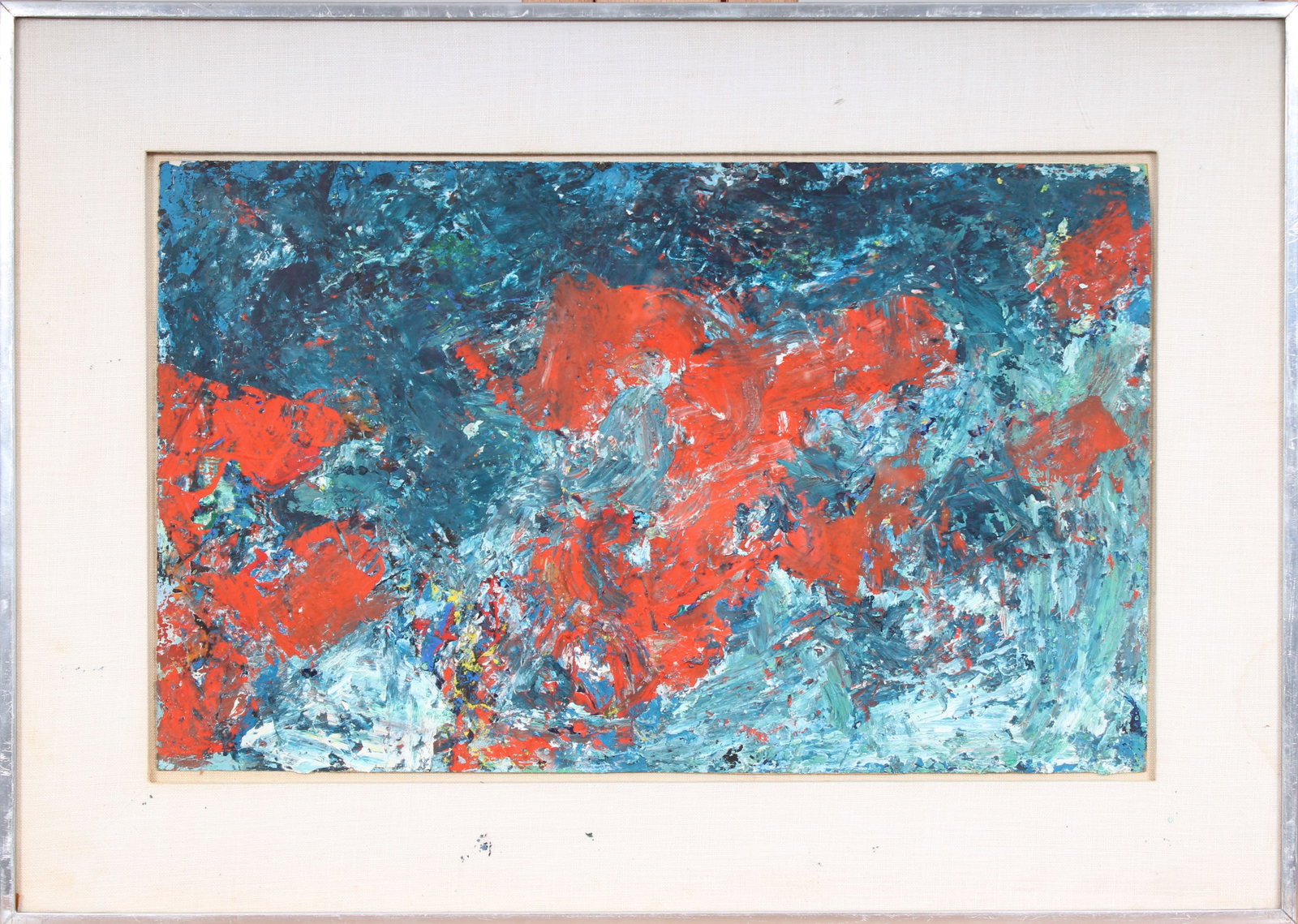 Vintage American Modernist Framed Abstract Expressionist Mid Century Modern Oil Painting: Vintage American modern oil painting. Measuring: 17 by 23.5 inches overall. Domestic flat rate shipping with Fedex is set to $100 for this lot. Please see all images for condition (additional photos a
