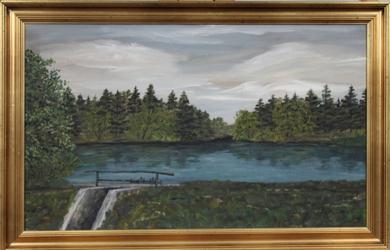 Vintage Signed European Impressionist Gold Giltwood Framed Landscape Oil Painting: Vintage American landscape oil painting. Measuring: 17 by 26 inches overall. Domestic flat rate shipping with Fedex is set to $100 for this lot. Please see all images for condition (additional photos 
