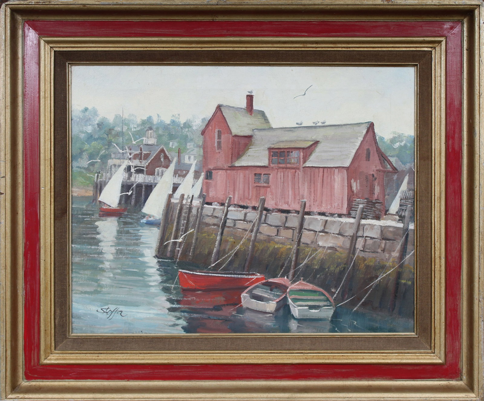 Michael Stoffa 1923-2001 Vintage American Impressionist Harbor Scene Framed Oil Painting: Vintage American seascape oil painting. Measuring: 23 by 27 inches overall. Domestic flat rate shipping with Fedex is set to $110 for this lot. Please see all images for condition (additional photos a