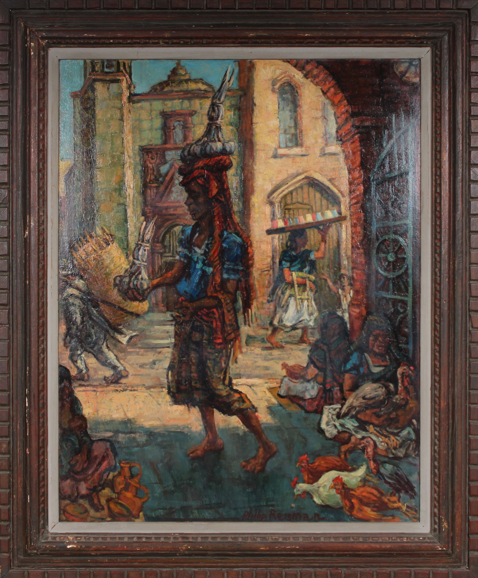 Philip Reisman 1904-1992 Signed Large American Modernist "Garlic Lady" Street Scene Oil Painting: Vintage American modernsit oil painting. Measuring: 44.5 by 36.5 inches overall. Shipping with art courier. Please see all images for condition (additional photos and blacklight images are available b