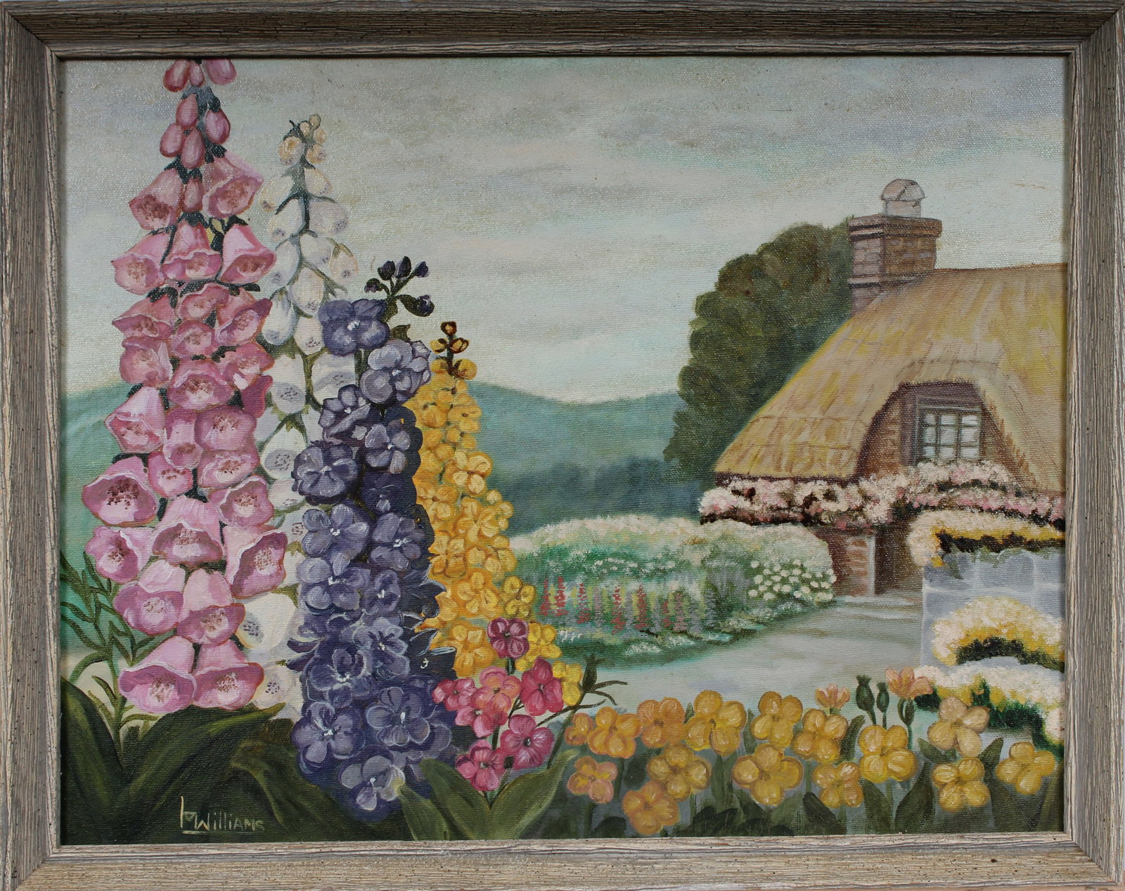Vintage Signed American Impressionist Fall Folk Art Flower Cottage Landscape Framed Oil Painting: Vintage American oil painting. Measuring: 15 by 19 inches overall. Domestic flat rate shipping with Fedex is set to $75 for this lot. Please see all images for condition (additional photos and blackli