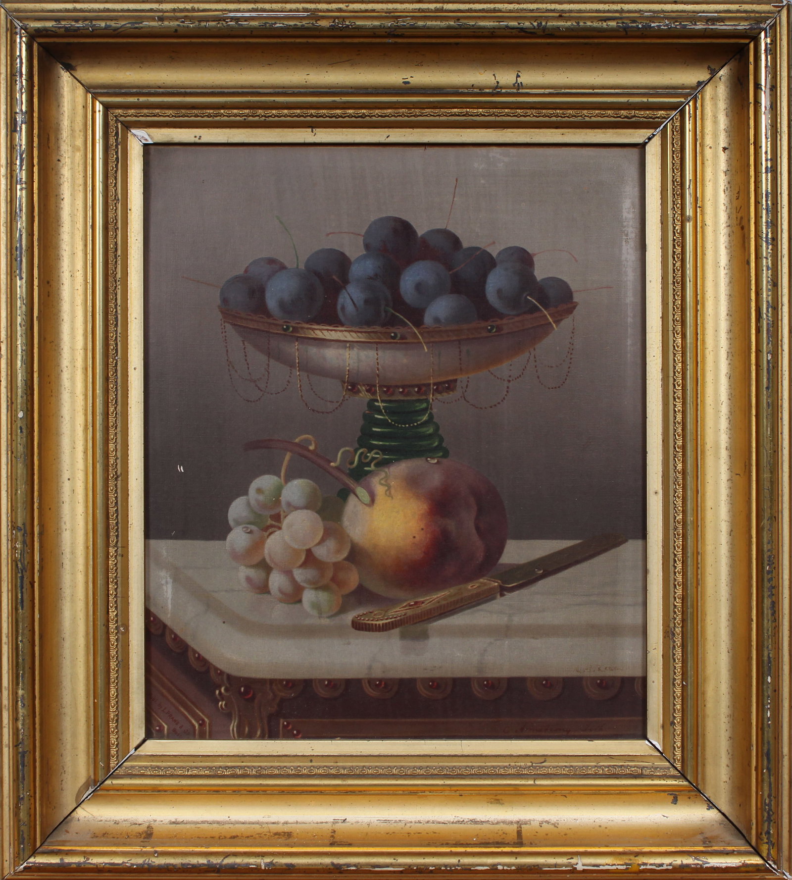 Carducius Ream (1837-1917) Antique American Realist Fruit Still Life Framed Original Oil Painting: Antique American realist still life oil painting. Measuring: 17.5 by 15.5 inches overall. Domestic flat rate shipping with Fedex is set to $150 for this lot. Please see all images for condition (addit