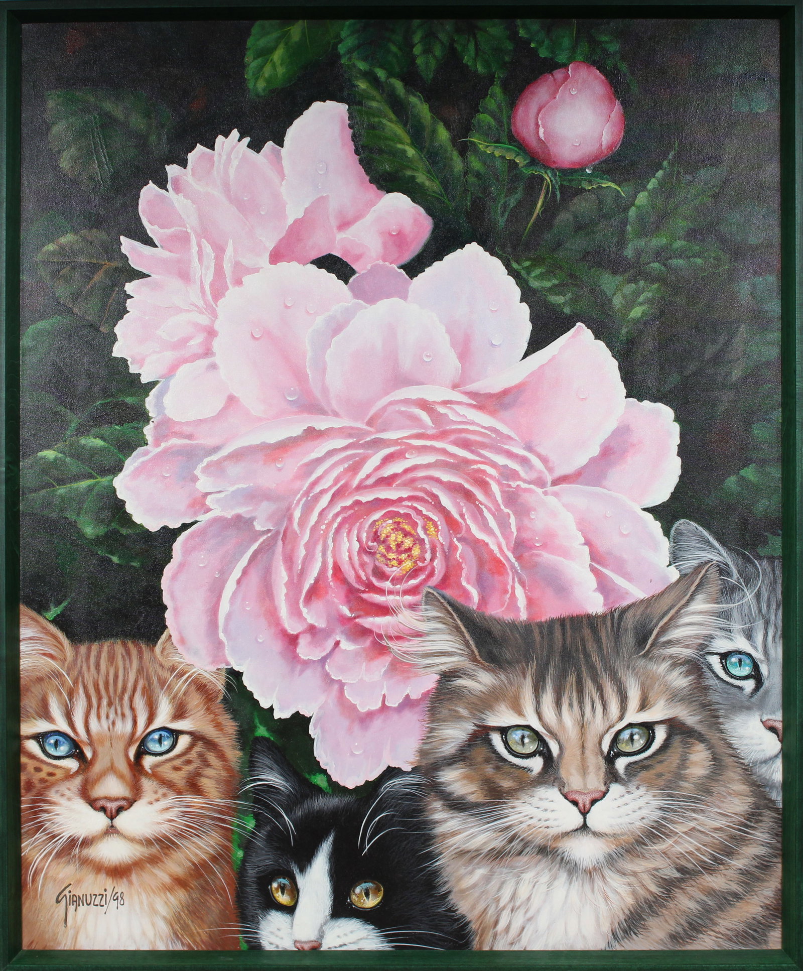 Vintage American Modernist Signed Cat Portrait Framed Oil Painting: Vintage American oil painting. Measuring: 41 by 33 inches overall. Domestic flat rate shipping with Fedex is set to $325 for this lot. Please see all images for condition (additional photos and blackl