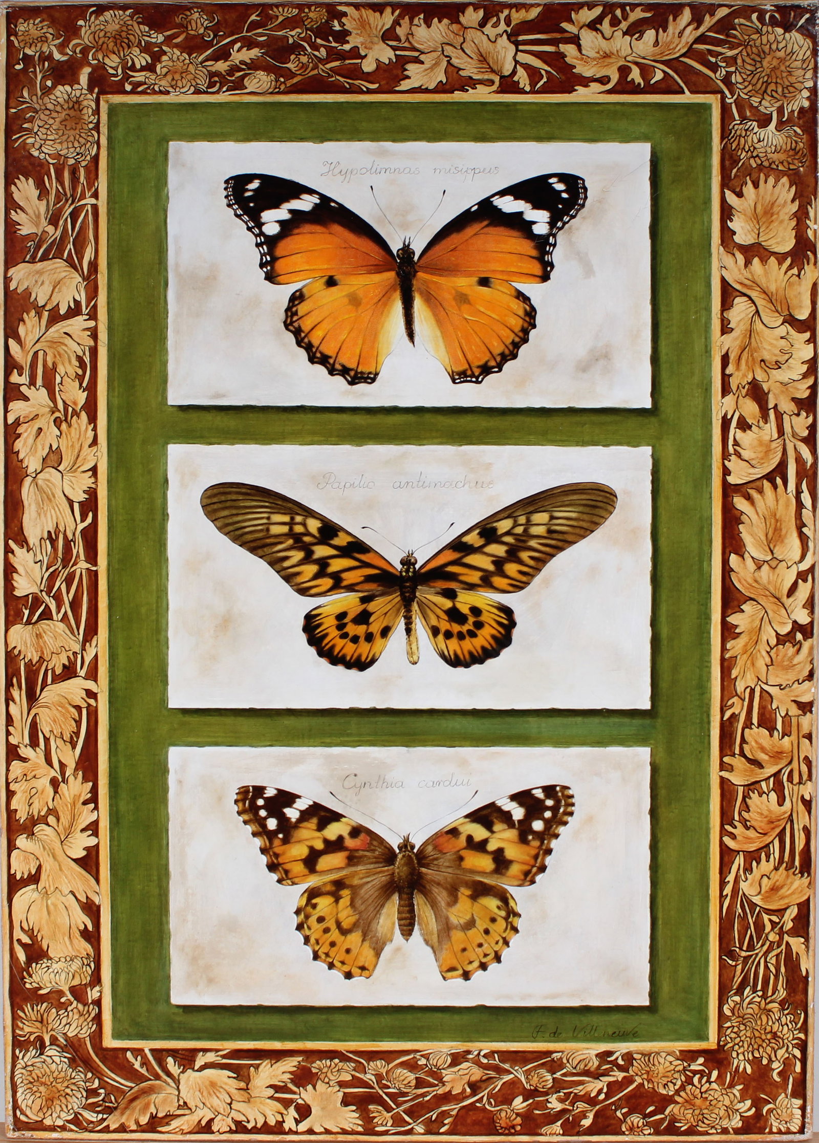 Vintage Realist Monach Butterfly Portrait Trompe L'Oeil Still Life Signed American Oil Painting: Vintage American butterfly oil painting. Measuring: 24 by 16 inches overall. Domestic flat rate shipping with Fedex is set to $100 for this lot. Please see all images for condition (additional photos 