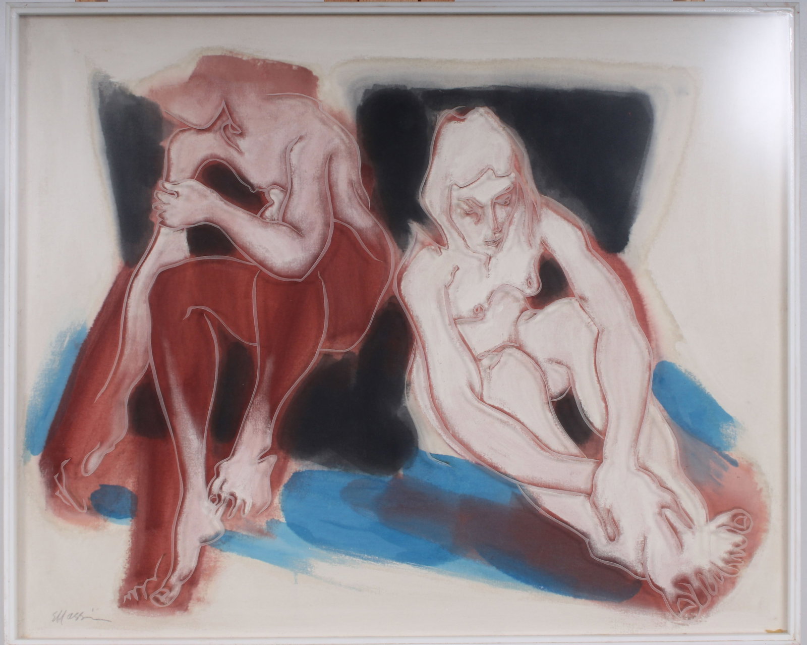 Signed Vintage American School Modernist Nude Women Portrait Framed Oil Painting: Vintage American oil painting. Measuring: 25 by 31 inches overall. Domestic flat rate shipping with Fedex is set to $125 for this lot. Please see all images for condition (additional photos and blackl