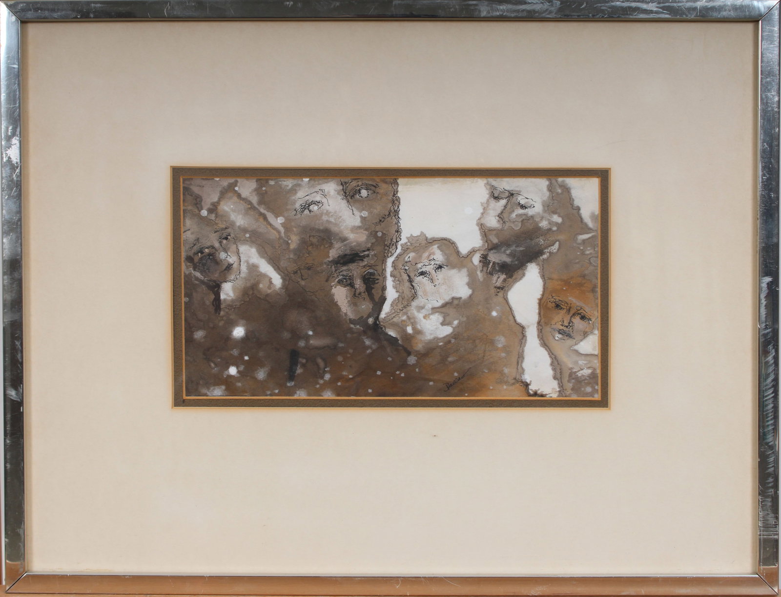 Vintage American Modernist Surreal Figural Portrait Mixed Media Painting: Vintage American modern mixed media painting. Measuring: 15 by 19 inches overall. Domestic flat rate shipping with Fedex is set to $75 for this lot. Please see all images for condition (additional pho