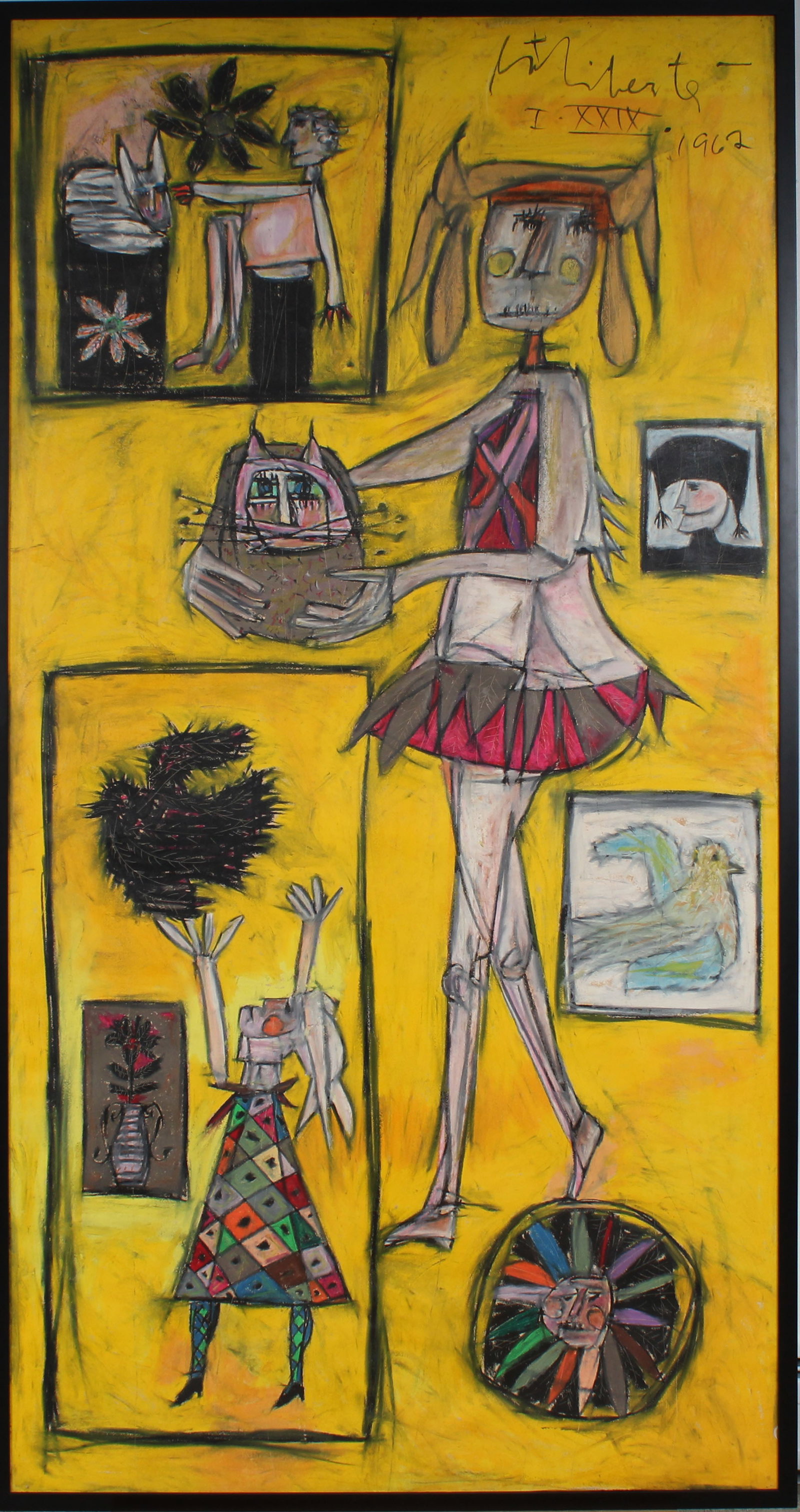 Norman Laliberte 1925-2021 Museum Size Important Vintage American Surreal Outsider Figure Painting: Vintage American modernist mixed media painting. Madison Avenue NYC gallery provenance. Framed. Measuring: 38 by 74 inches overall. Domestic shipping with national art handler partners. Please see all