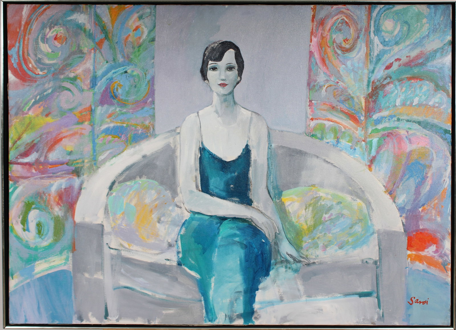 Signed Sardi Vintage Fauvist Woman Portrait Interior Scene Large American Modernist Oil Painting: Vintage American oil painting. Measuring: 37 by 49 inches overall. Domestic shipping with art handling partners. Please see all images for condition (additional photos and blacklight images are availa