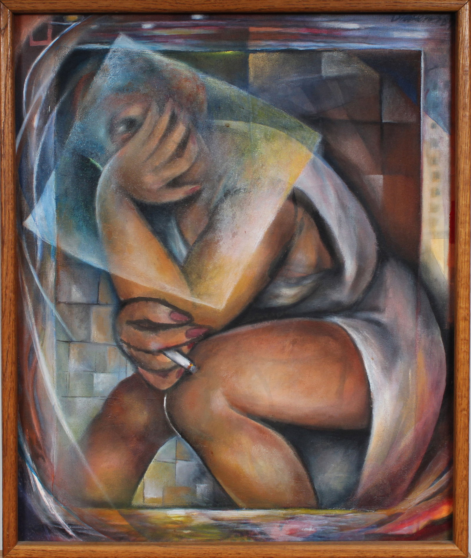 Dickens Chang (b1948) Vintage Chinese American Modernist Abstract Smoking Woman Portrait Painting: Vintage Chinese American portrait oil painting. Measuring: 25 by 31 inches overall. Domestic flat rate shipping with Fedex is set to $145 for this lot. Please see all images for condition (additional 